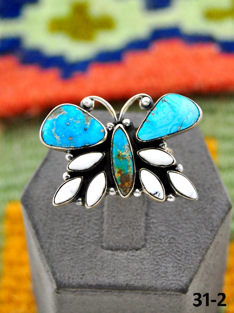 Southwest Handmade Sierra Bella Turquoise with White Buffalo & Sterling Silver Adjustable Ring