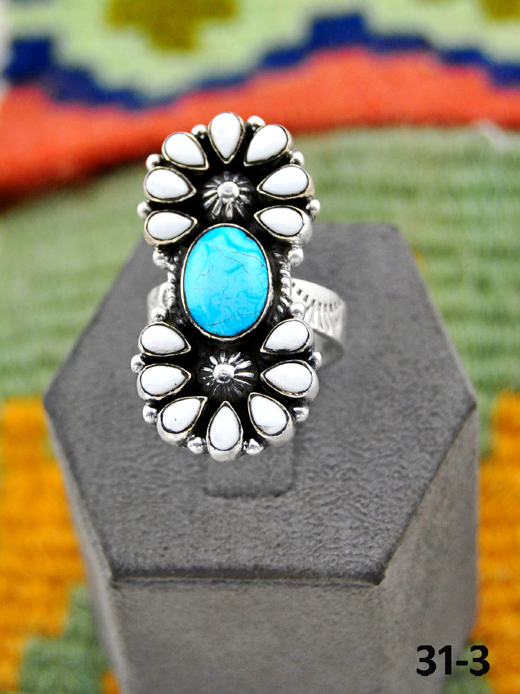 Southwest Handmade Sierra Bella Turquoise with White Buffalo & Sterling Silver Adjustable Ring