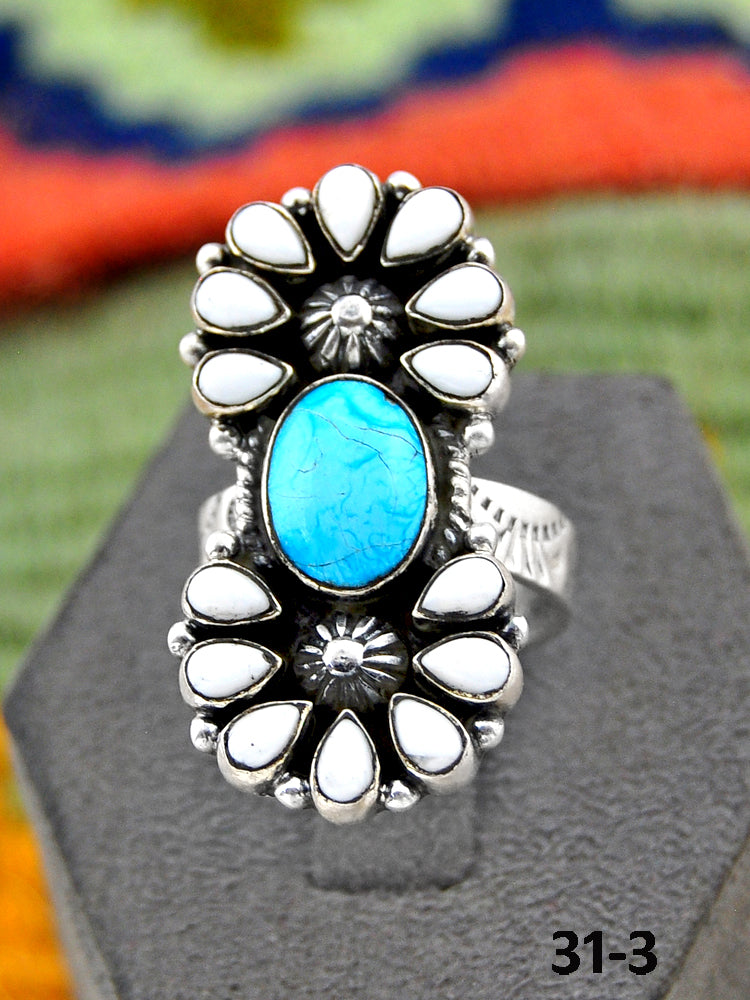 Southwest Handmade Sierra Bella Turquoise with White Buffalo & Sterling Silver Adjustable Ring