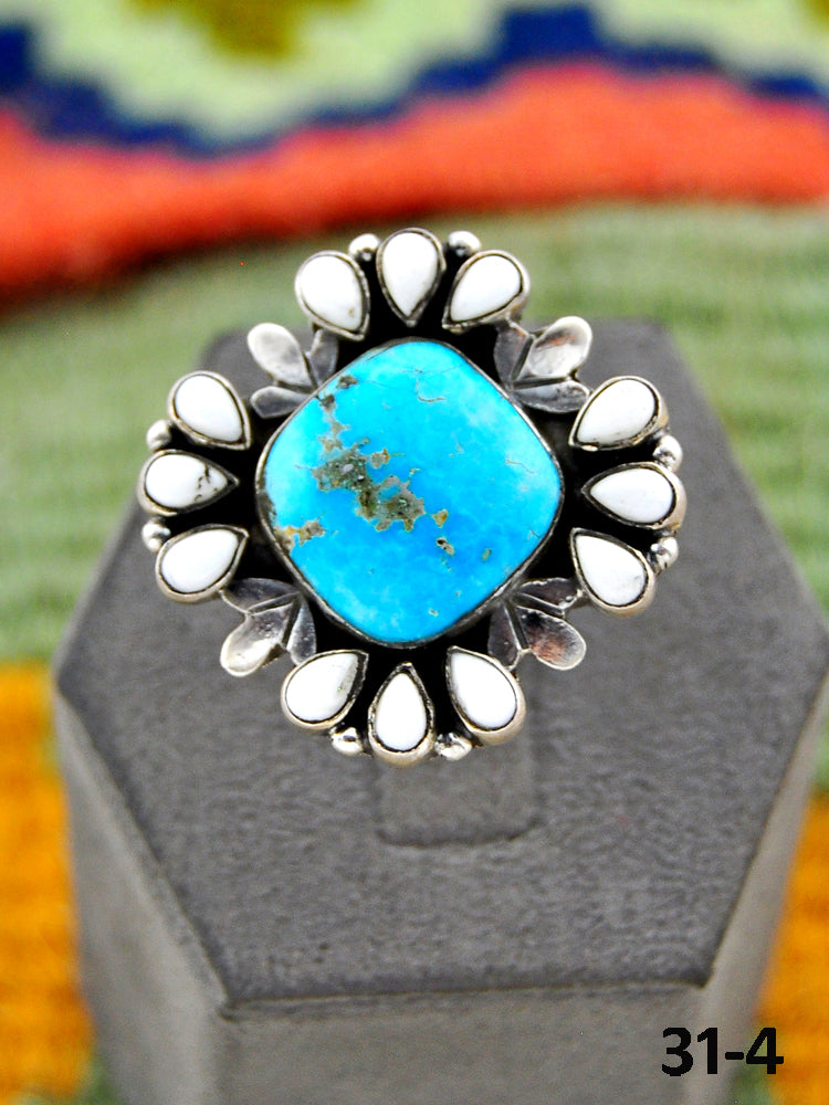 Southwest Handmade Sierra Bella Turquoise with White Buffalo & Sterling Silver Adjustable Ring
