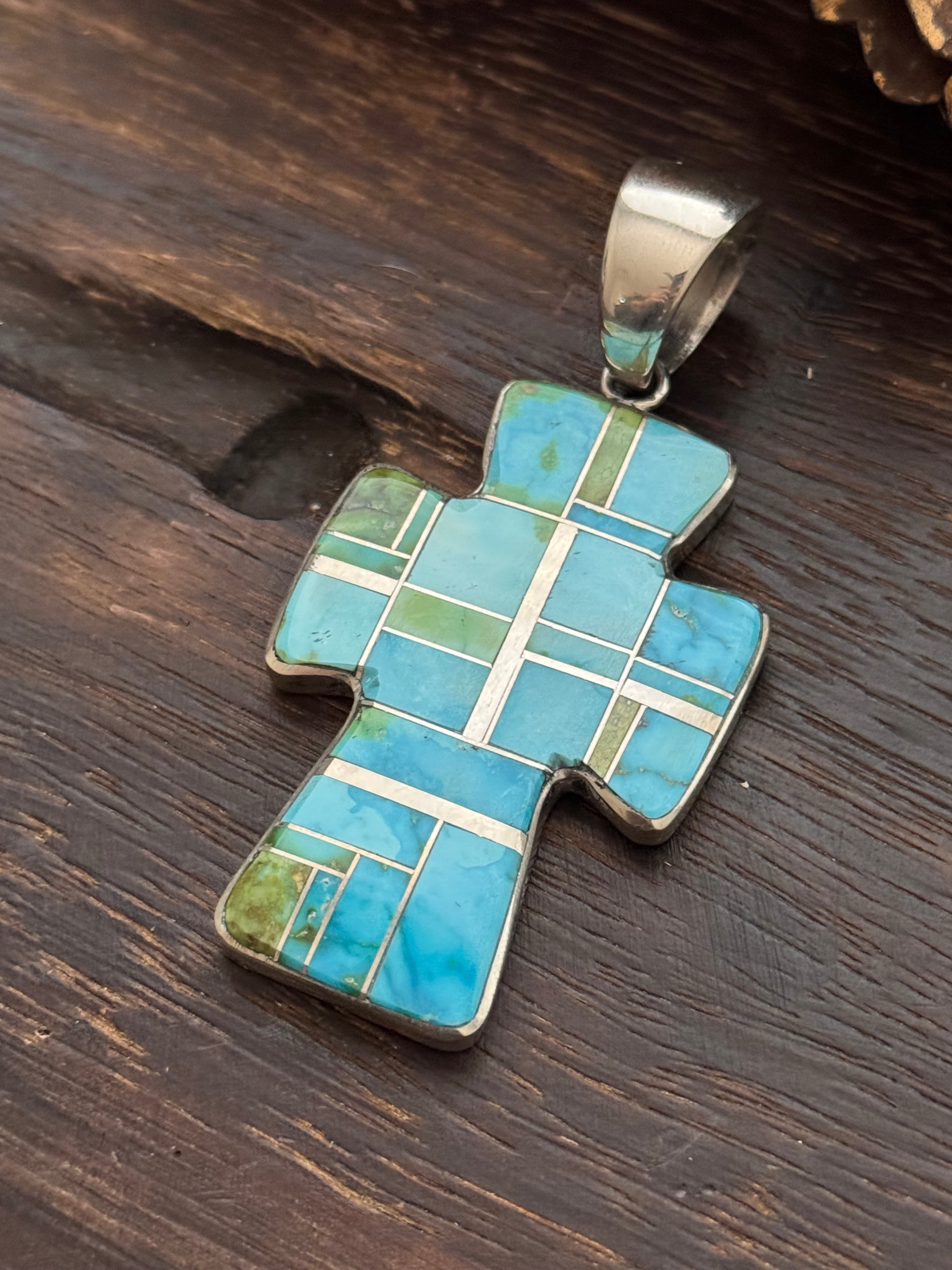 Navajo Made Multi Turquoise & Sterling Silver Cross Inlay Pendant