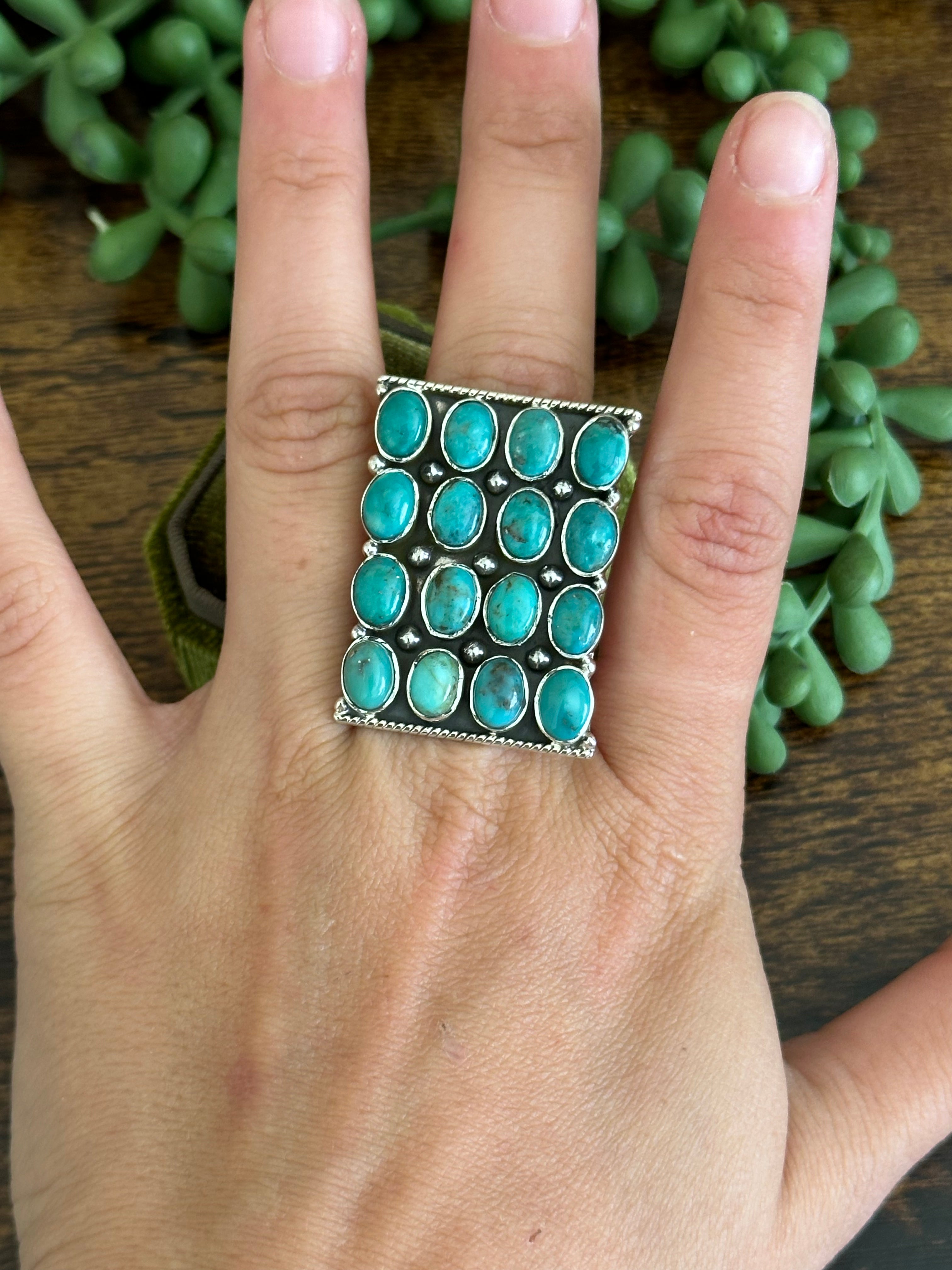 Southwest Handmade Kingman Turquoise & Sterling Silver Adjustable Cluster Ring