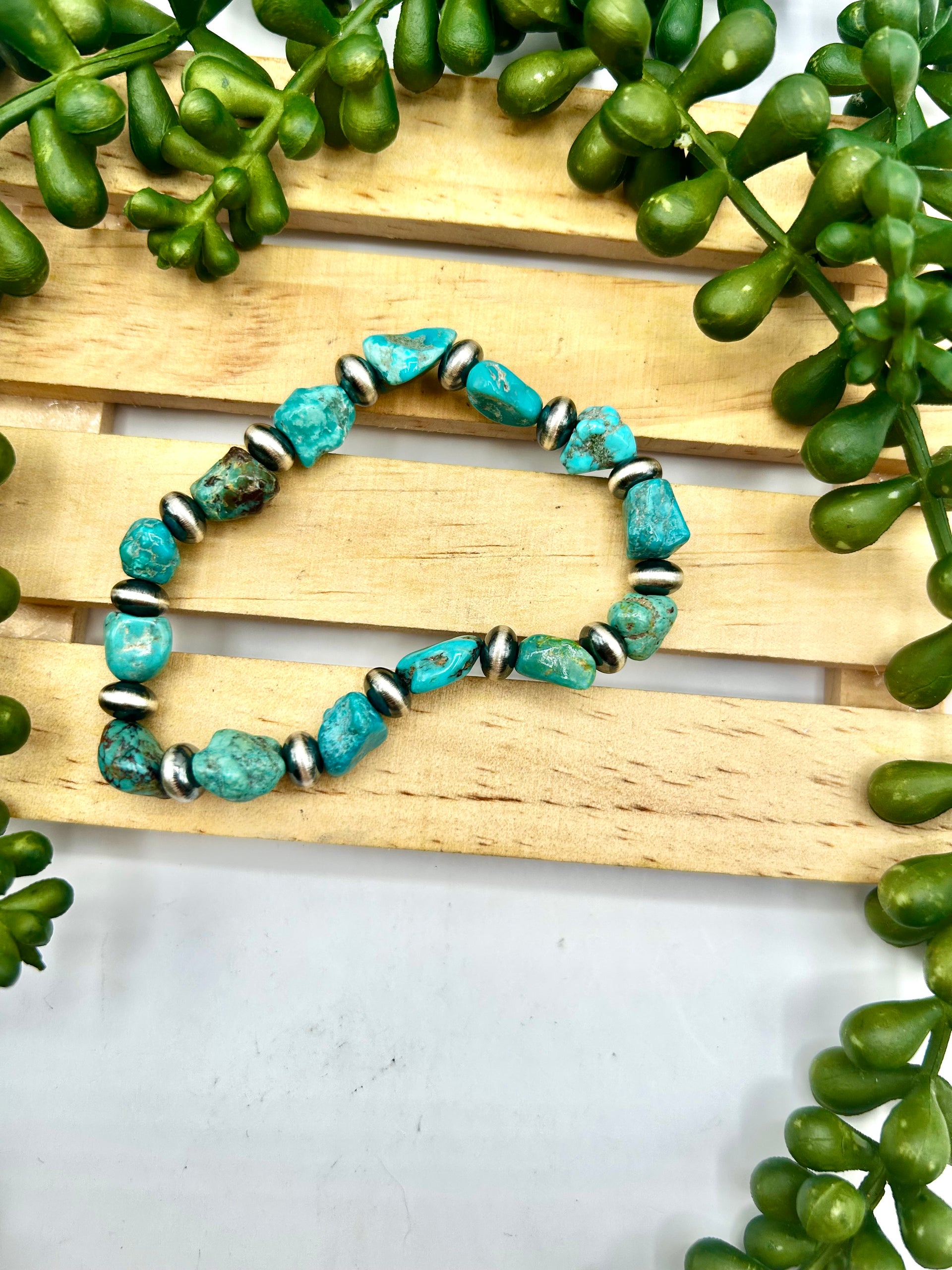 Navajo Made Kingman Turquoise & Sterling Silver Strung Stretchy Bracelet