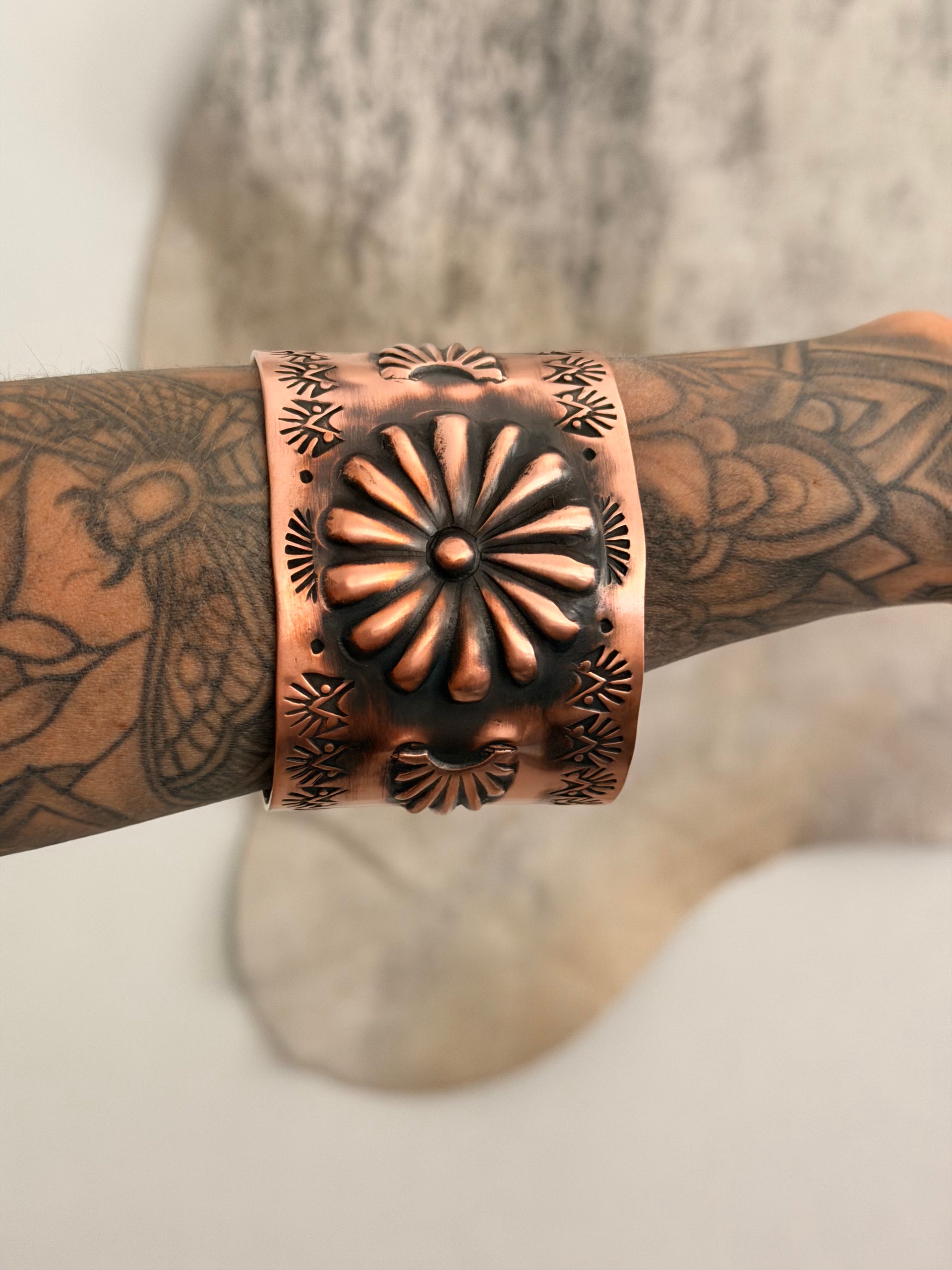 Elvira Bill Copper Stamped Concho Cuff Bracelet