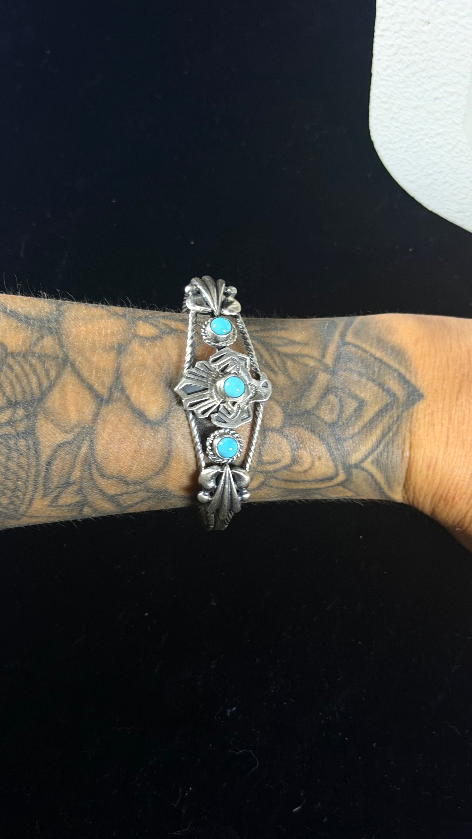 Darrell Morgan Kingman Turquoise & Sterling Silver Thunderbird Cuff Bracelet