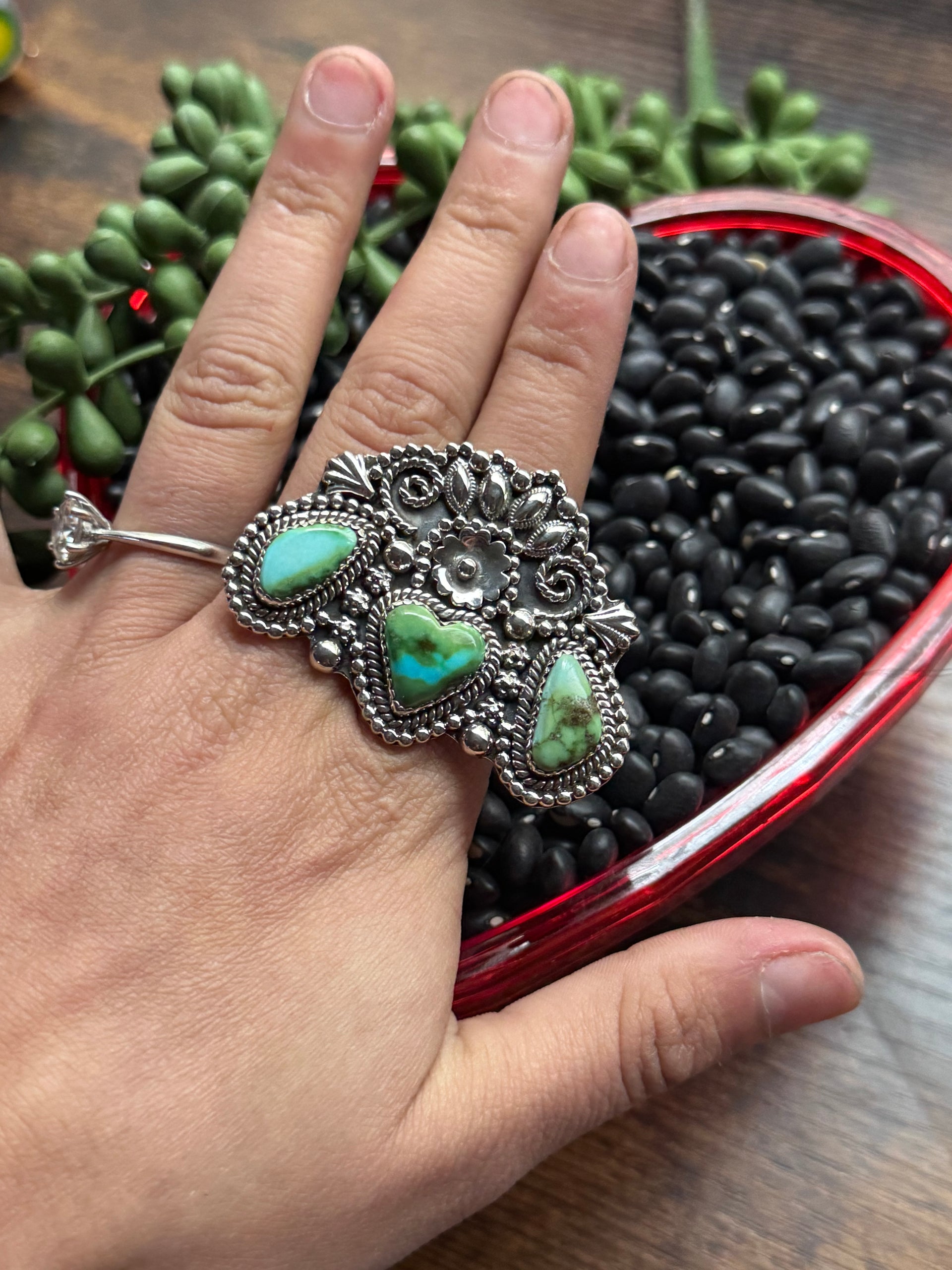 Southwest Handmade Sonoran Mountain Turquoise & Sterling Silver Adjustable Cluster Ring