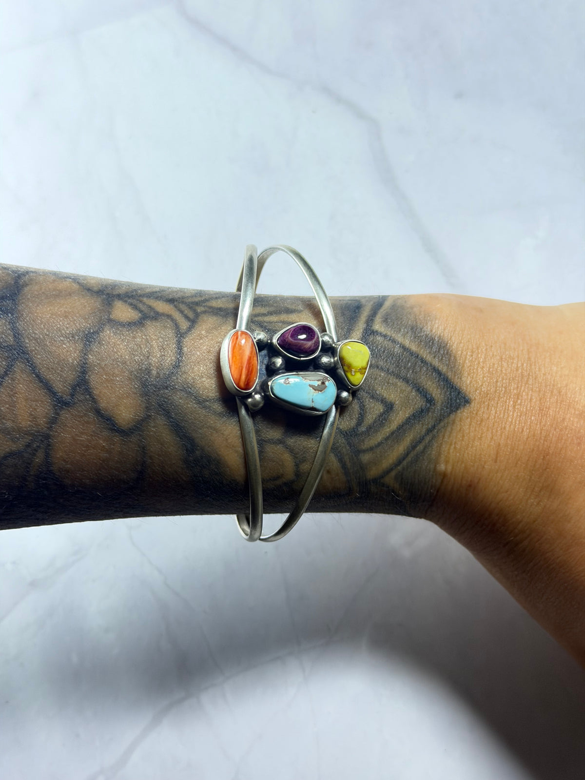 Danny Henio Multi Stone & Sterling Silver Cluster Cuff Bracelet
