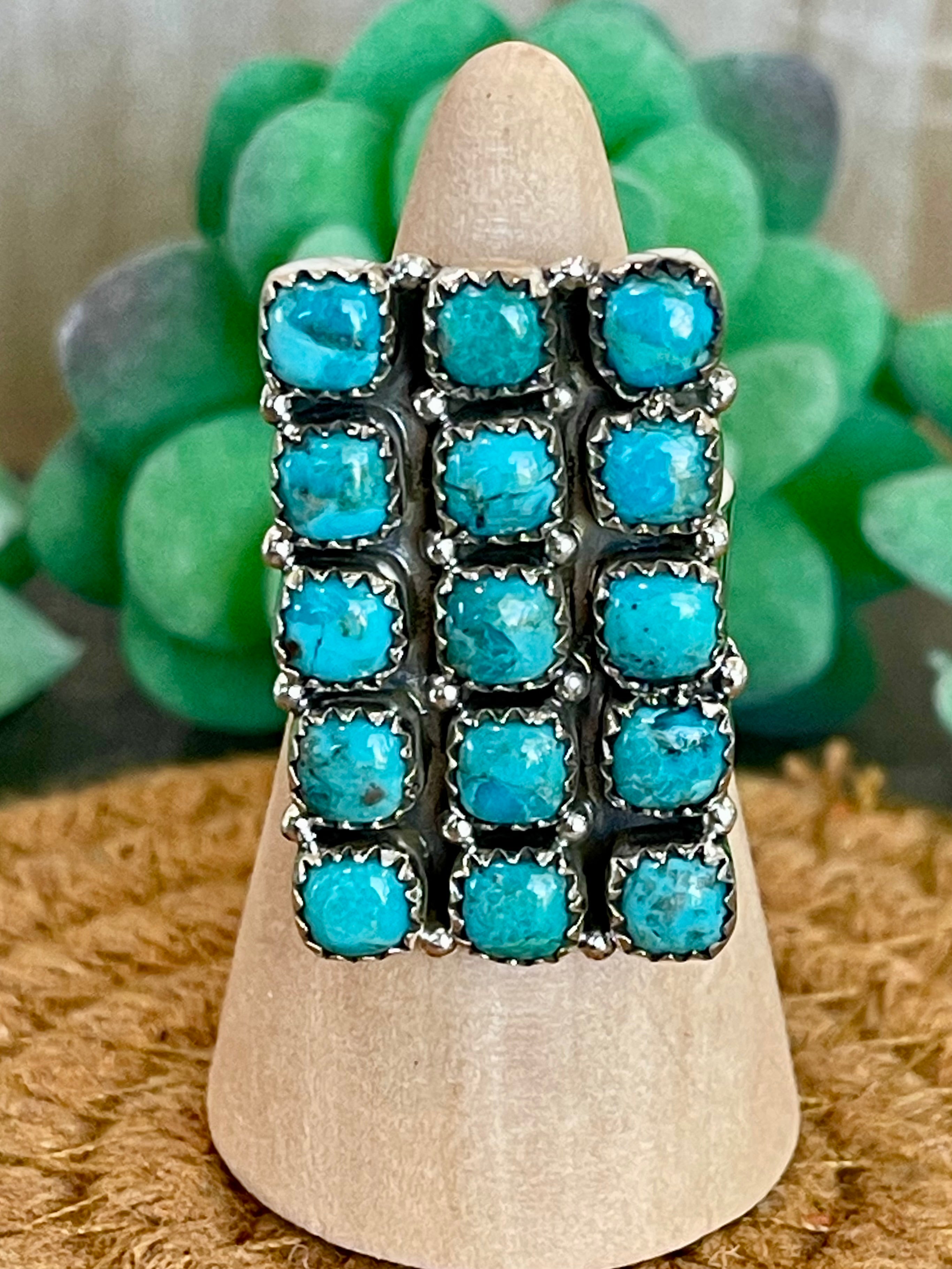 Southwest Handmade Kingman Turquoise & Sterling Silver Adjustable Cluster Ring