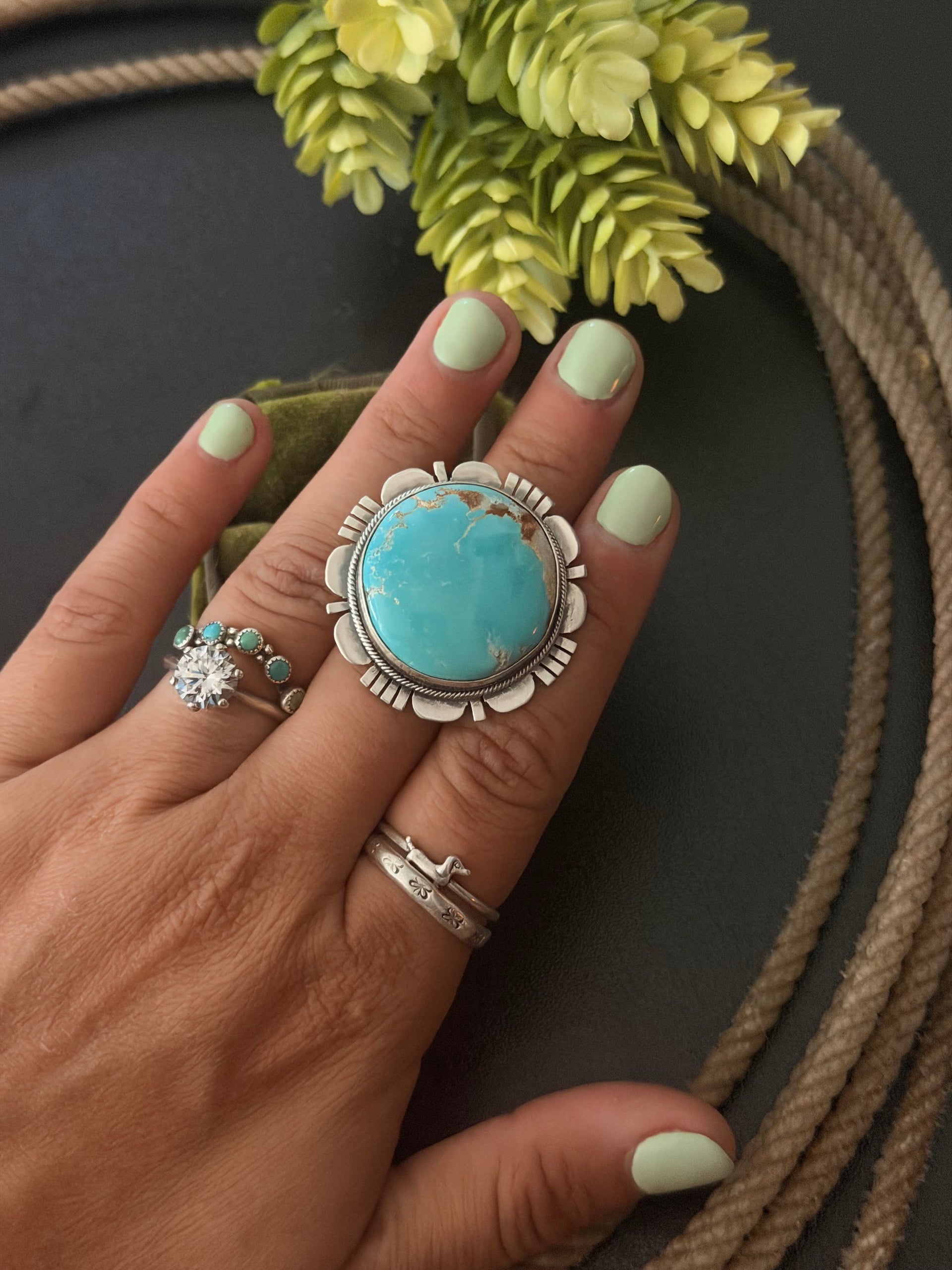 David Benally Royston Turquoise & Sterling Silver Ring Size 6.75