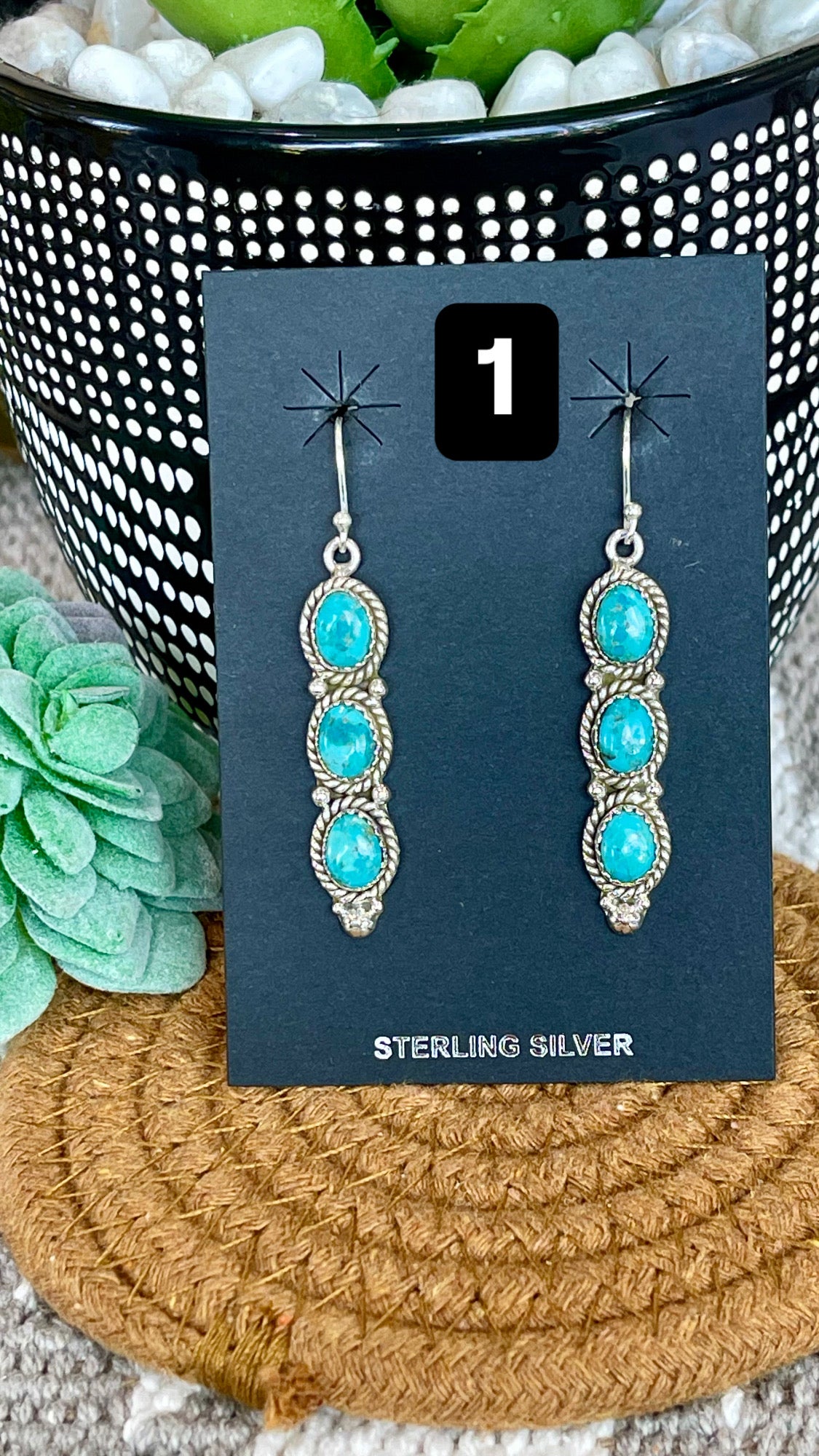 Southwest Handmade Kingman Turquoise & Sterling Silver Post Dangle 3 Stone Earrings