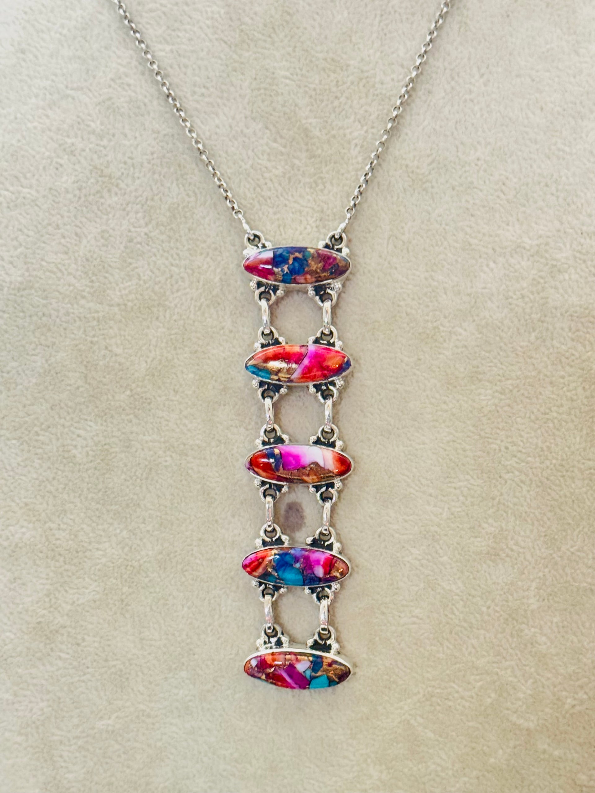 Southwest Handmade Pink Mohave & Sterling Silver Cluster Necklace