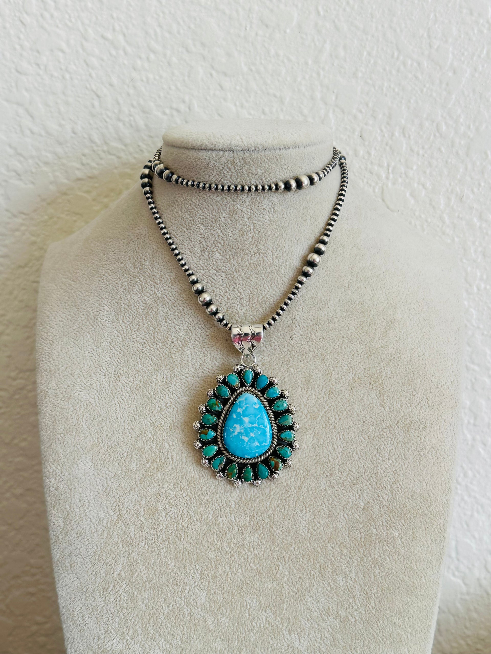 Southwest Handmade Multi Turquoise & Sterling Silver Cluster Pendant