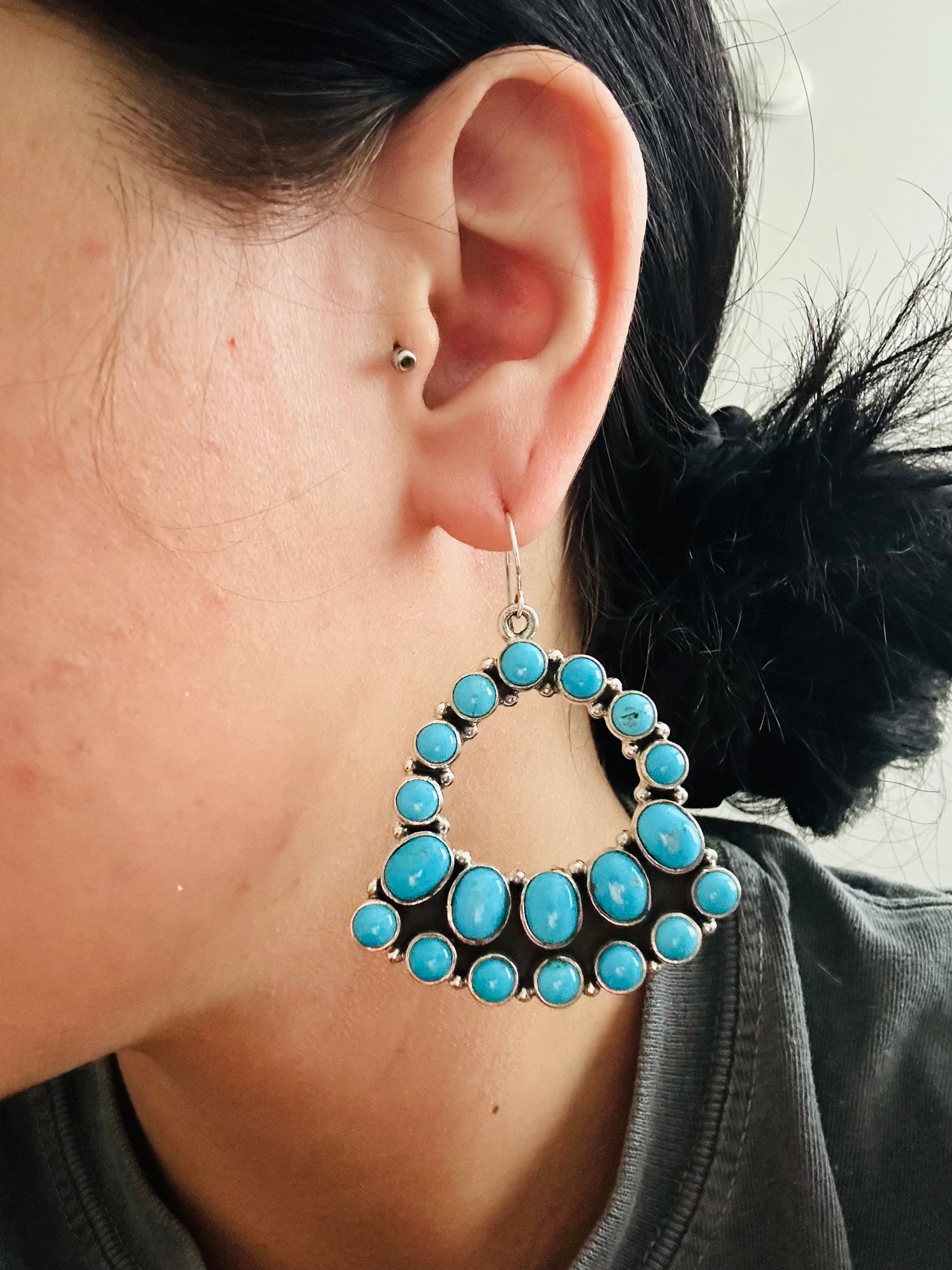 Navajo Handmade Kingman Turquoise & Sterling Silver Dangle Earrings