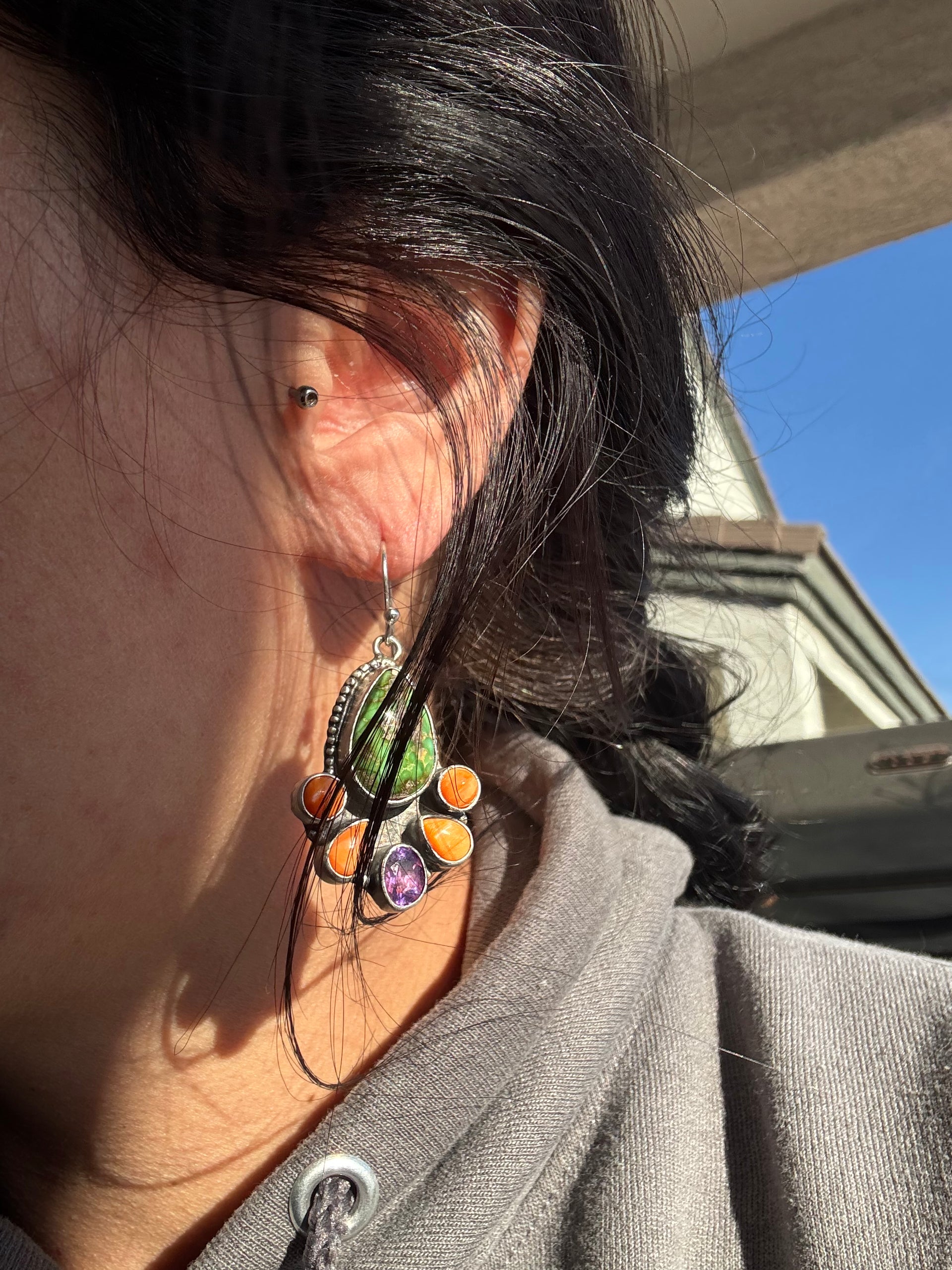 Rena Shelly Multi Stone & Sterling Silver Dangle Cluster Earrings