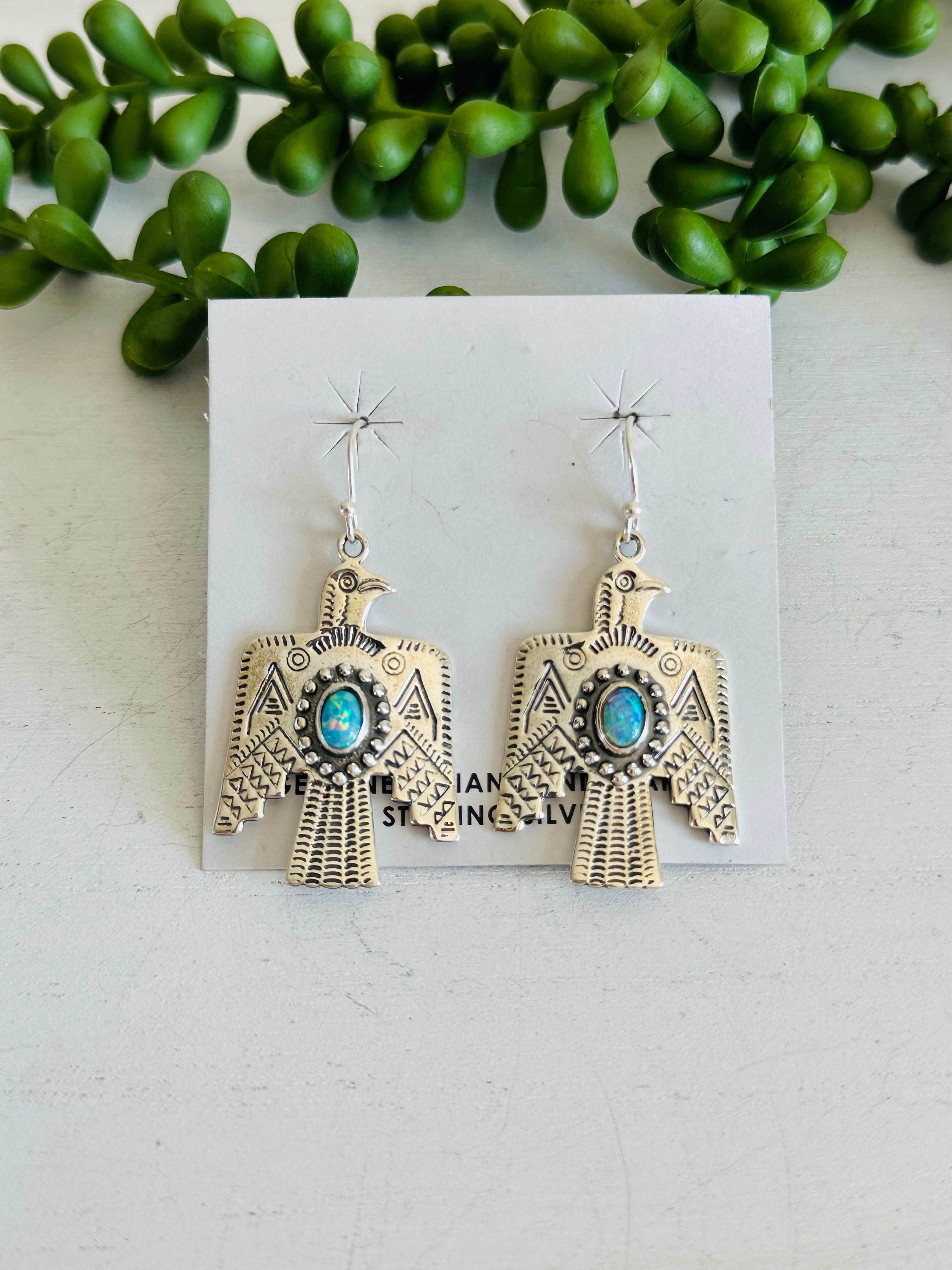 Southwest Handmade Opal & Sterling Silver Dangle Thunderbird Earrings