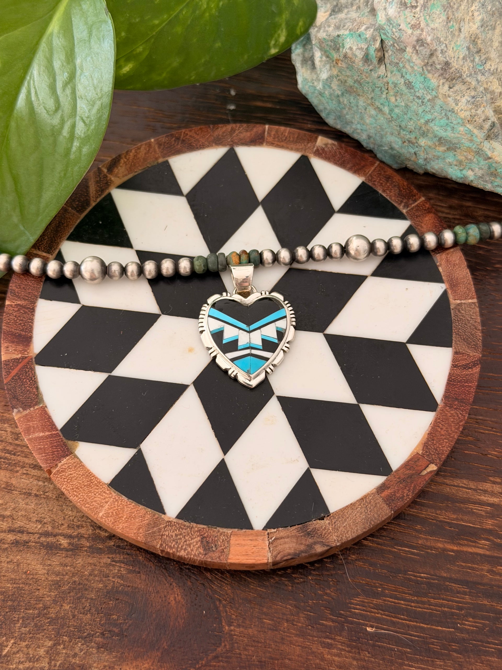 Navajo Made Multi Stone & Sterling Silver Inlay Heart Pendant