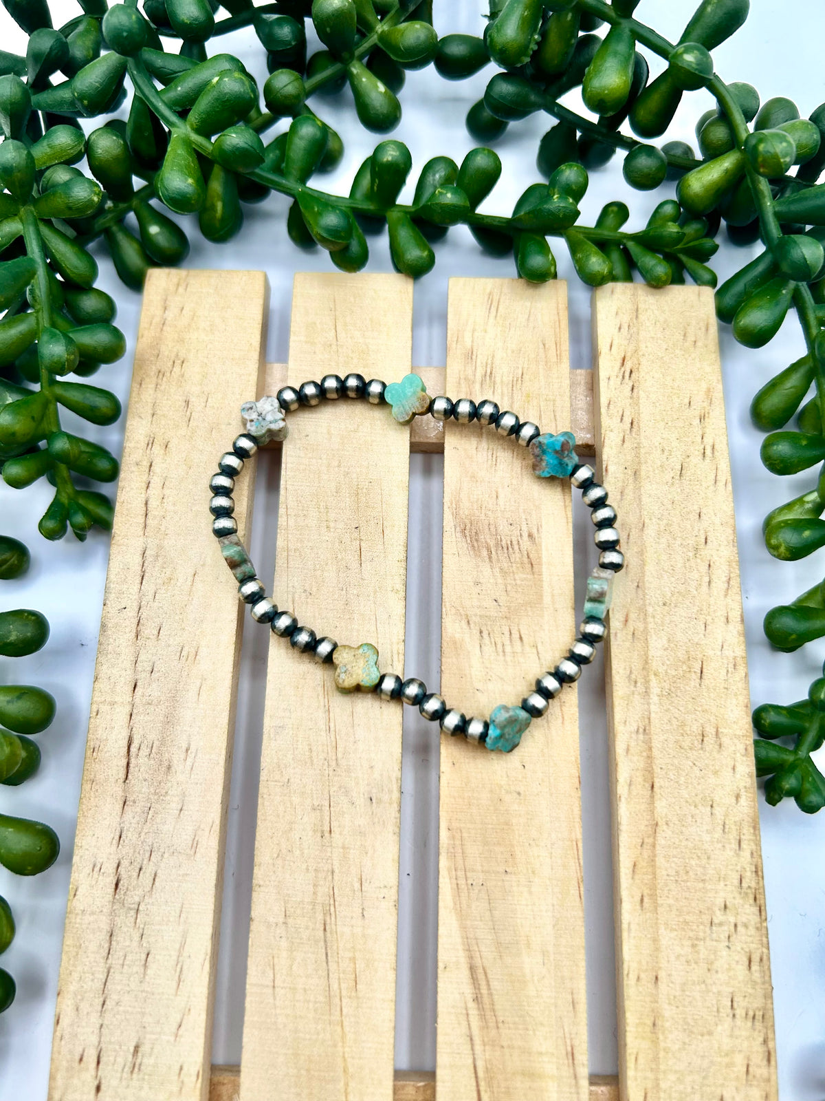 Navajo Made Strung Kingman Turquoise & Sterling Silver Strung Stretchy Bracelet