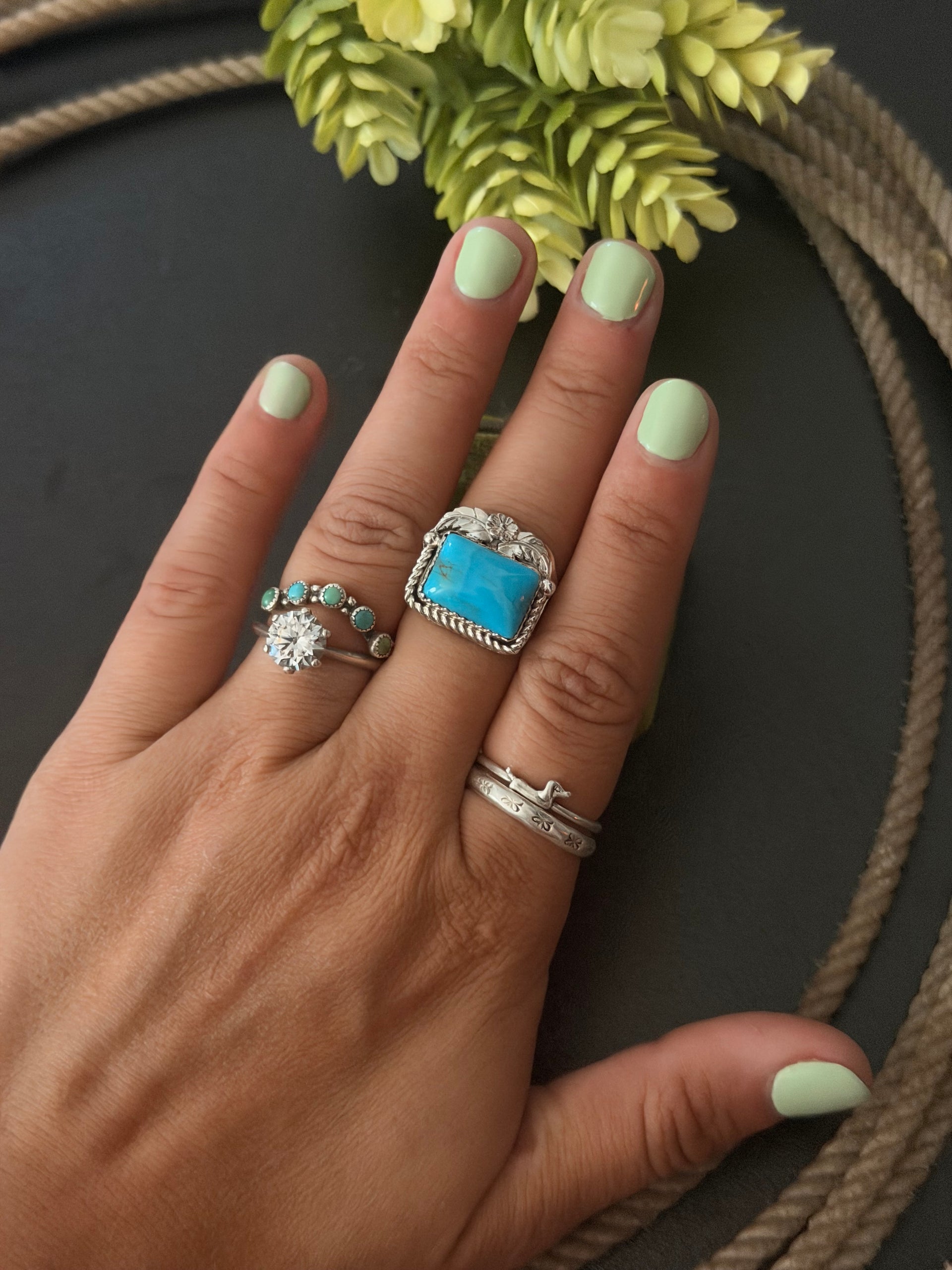Navajo Made Kingman Turquoise & Sterling Silver Ring Size 7.5