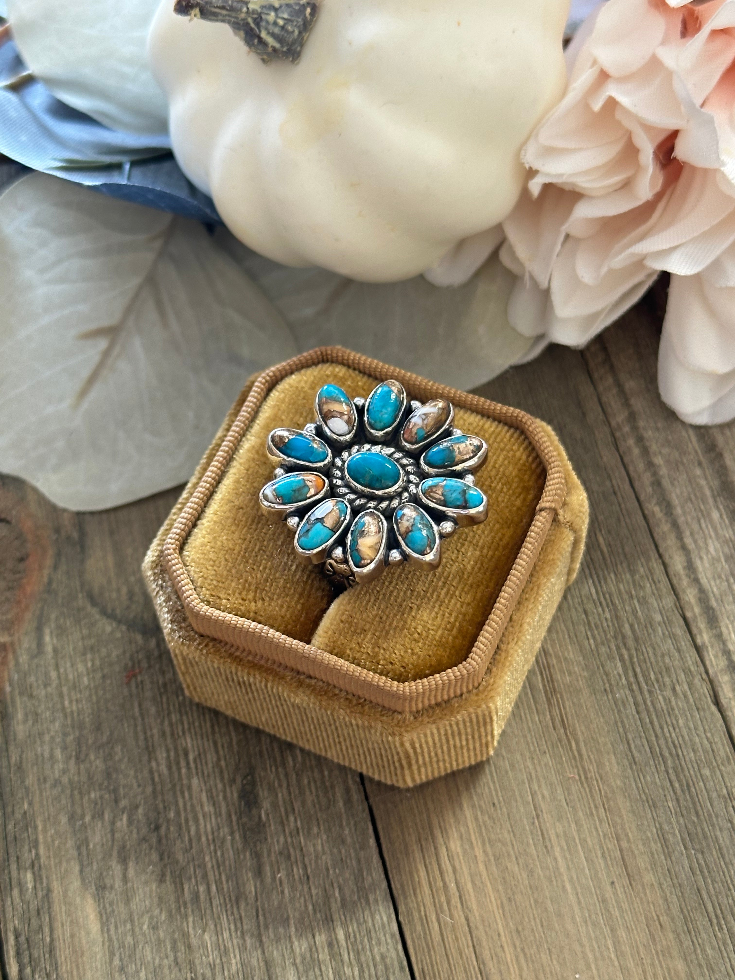 Southwest Handmade Mohave Turquoise & Sterling Silver Adjustable Cluster Ring