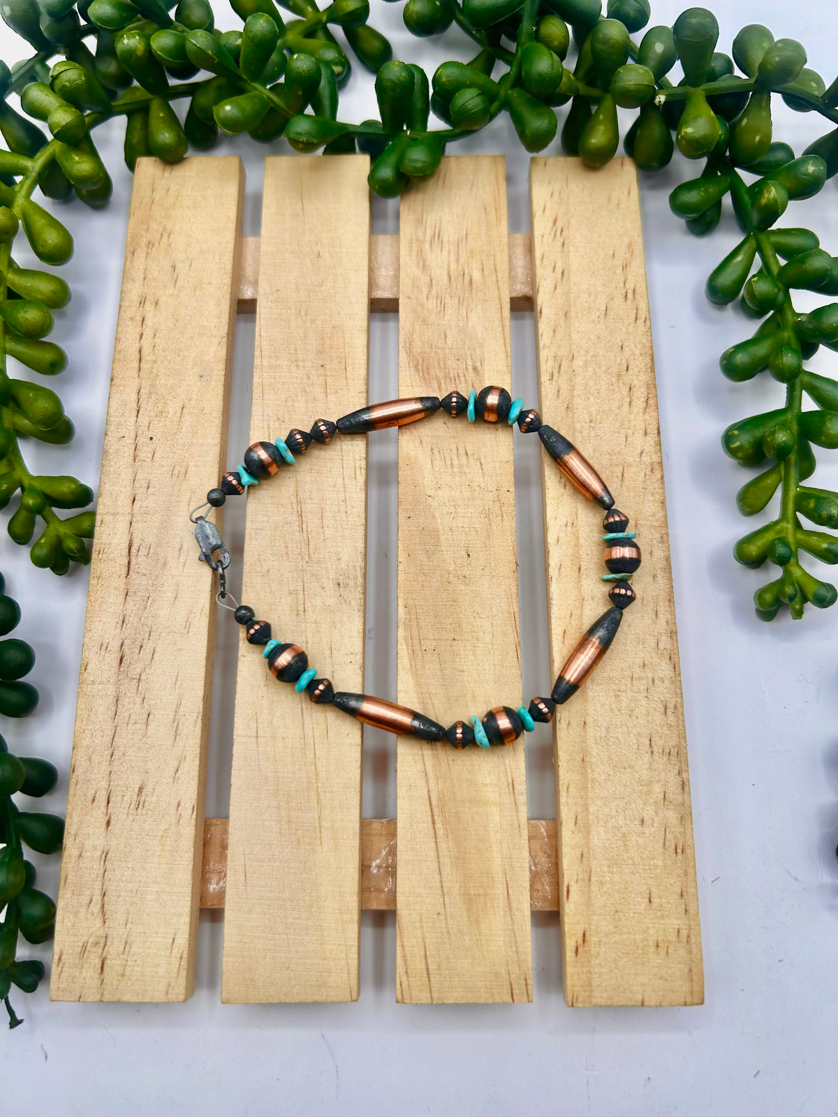 Navajo Strung Kingman Turquoise & Copper Link  Bracelet