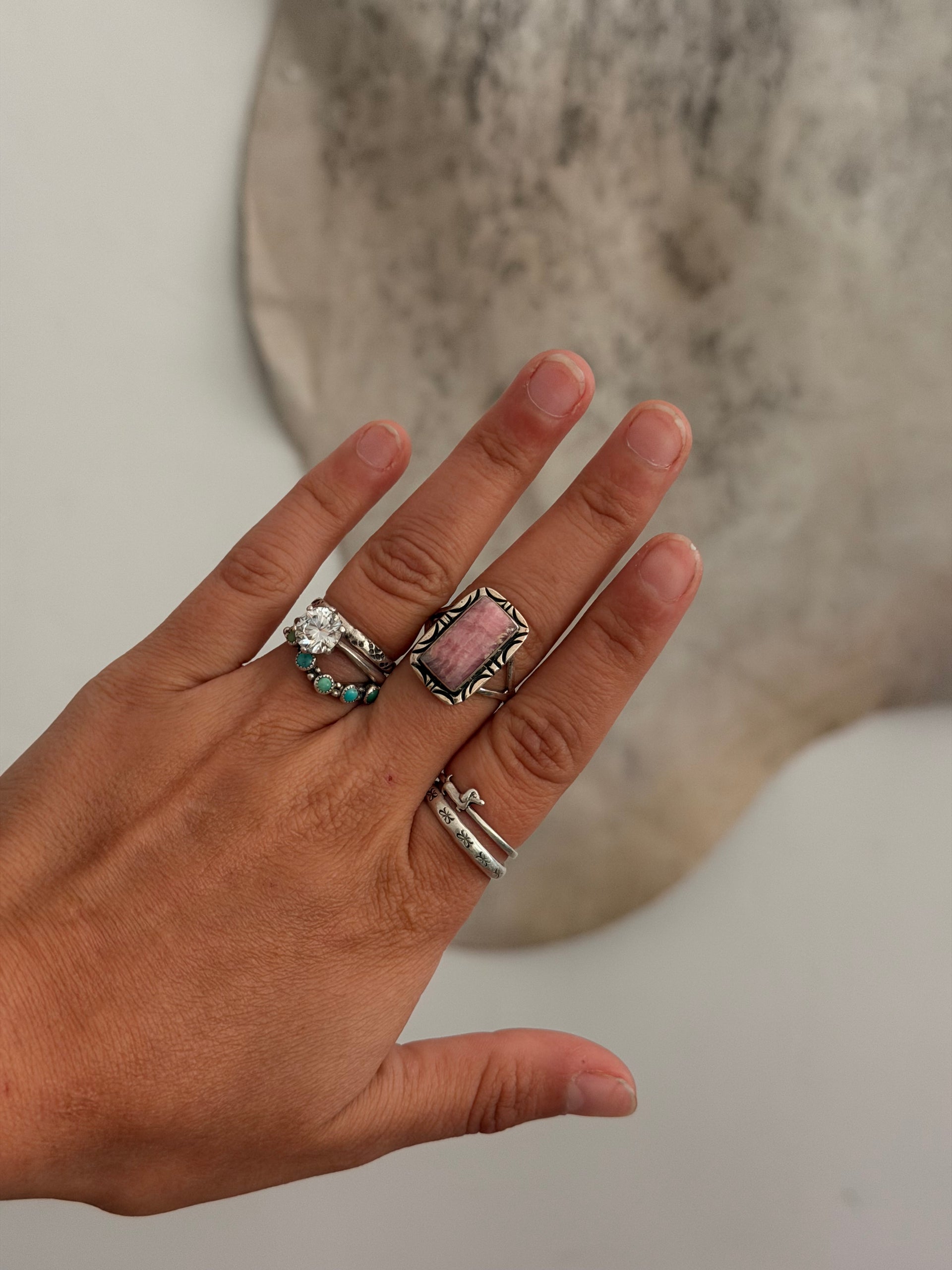 Navajo Made Rhodochrosite & Sterling Silver Ring Size 8.5