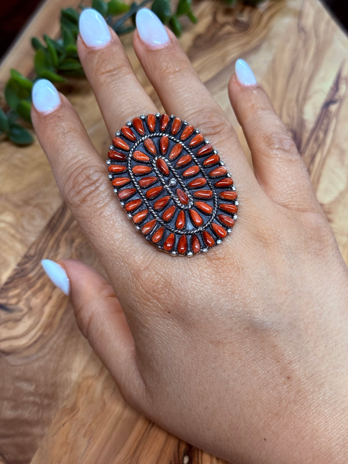 Southwest Handmade Red Spiny Oyster & Sterling Silver Cluster Ring