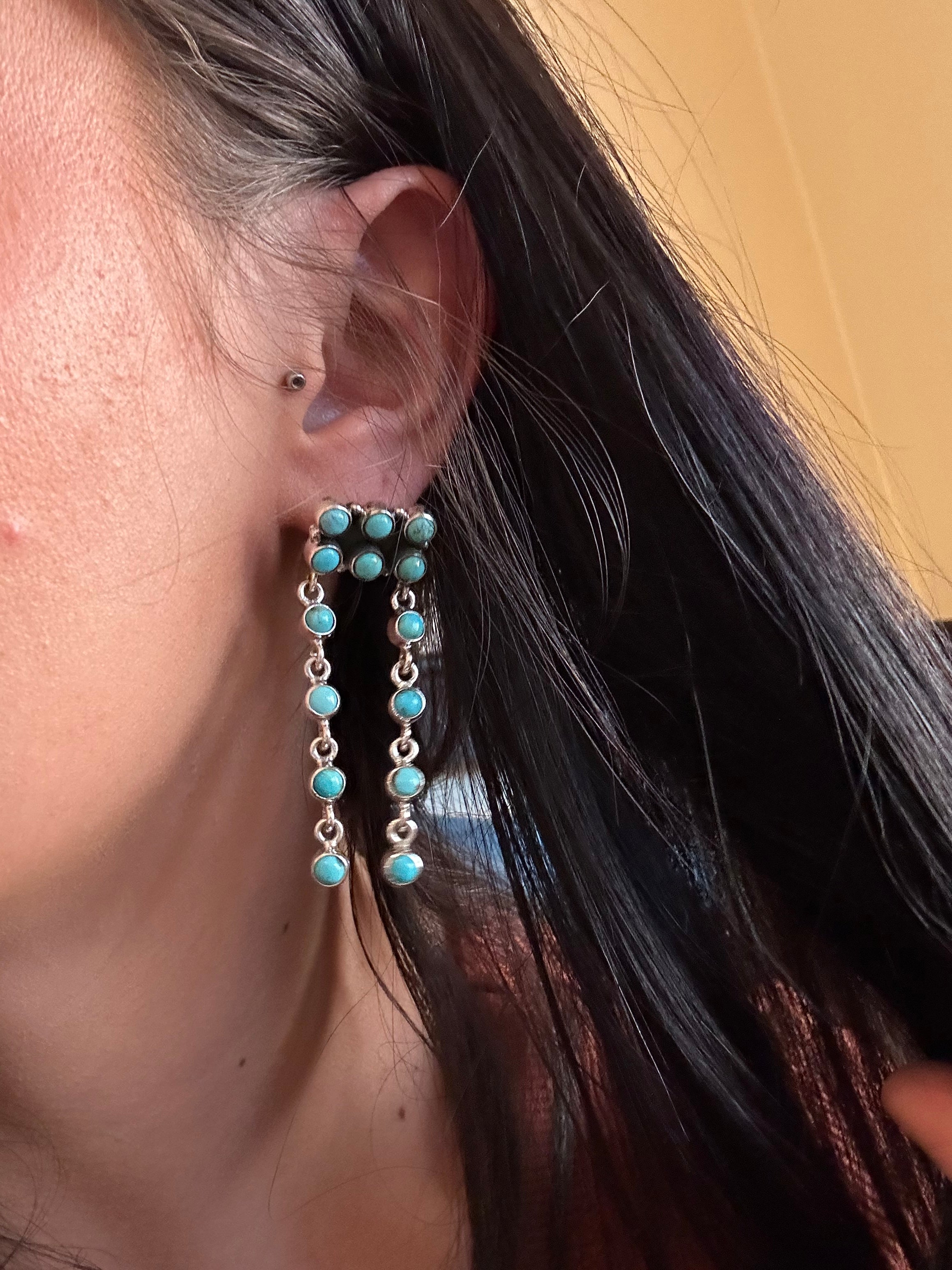 Southwest Handmade Kingman Turquoise & Sterling Silver Post Dangle Cluster Earrings