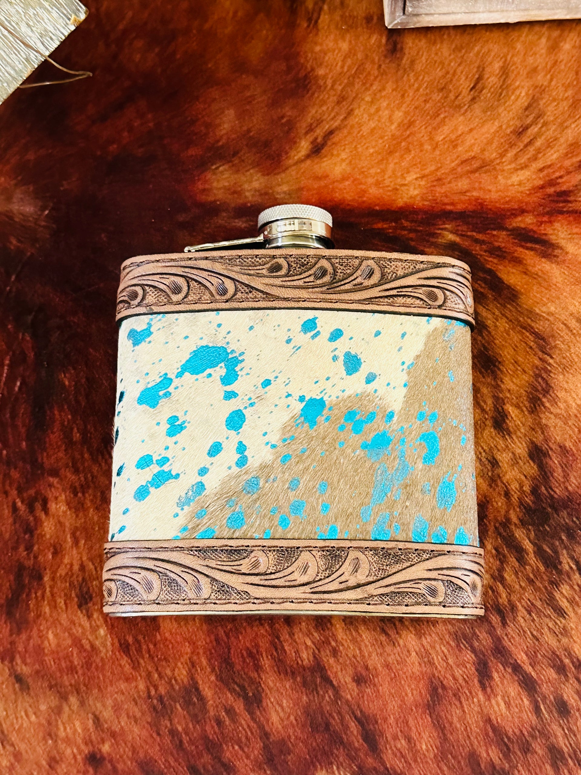 Genuine Tooled Leather & Cowhide 16 oz Flask