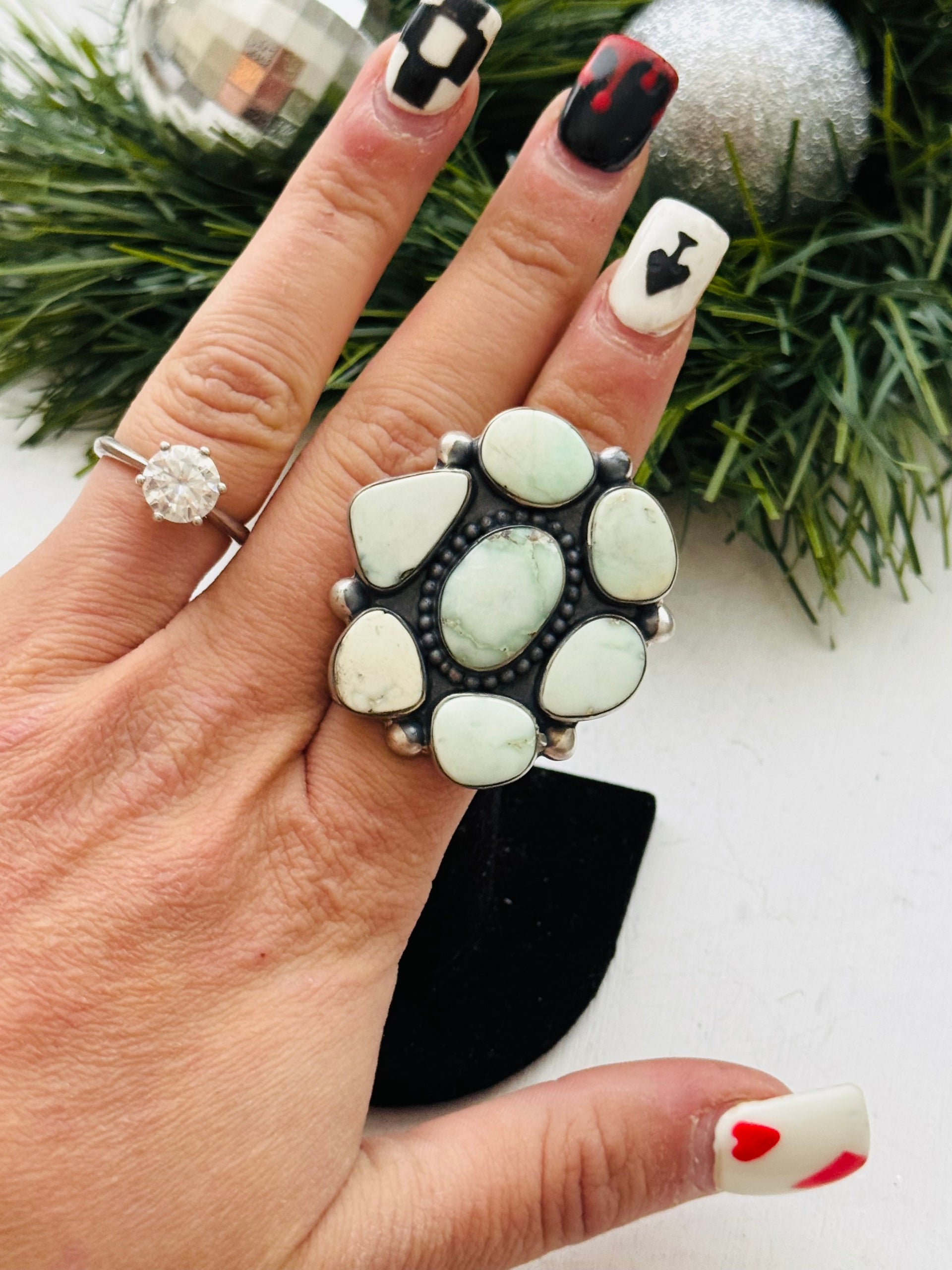 Southwest Handmade Paloma Variscite & Sterling Silver Adjustable Cluster Ring