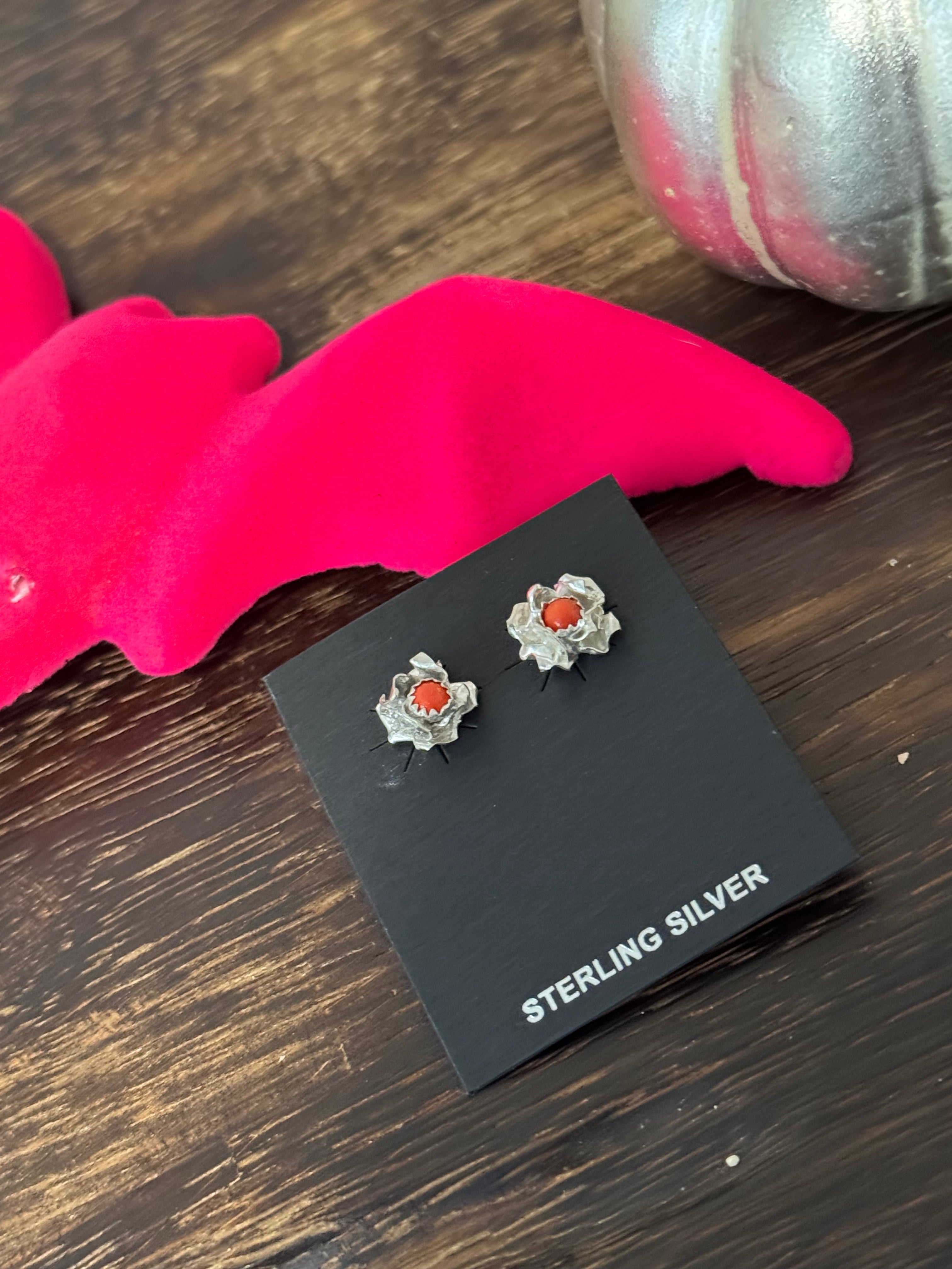 Navajo Made Mediterranean Coral & Sterling Silver Flower Post Earrings