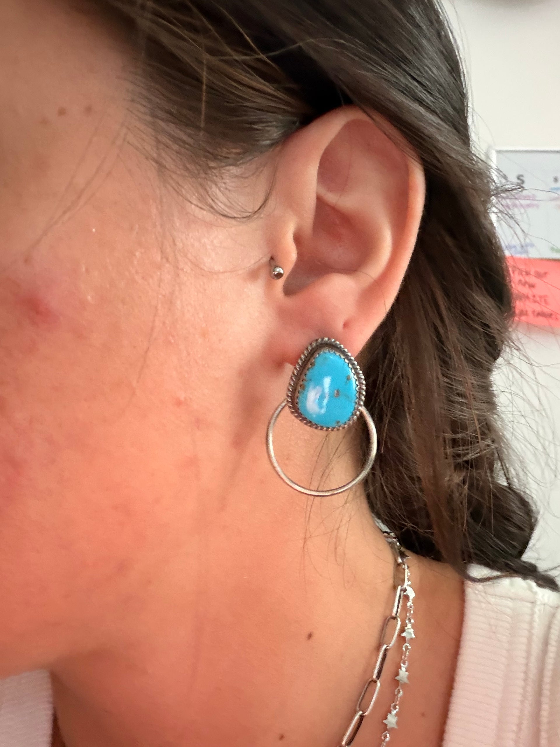 Navajo Made Kingman Turquoise & Sterling Silver Post Dangle Earrings