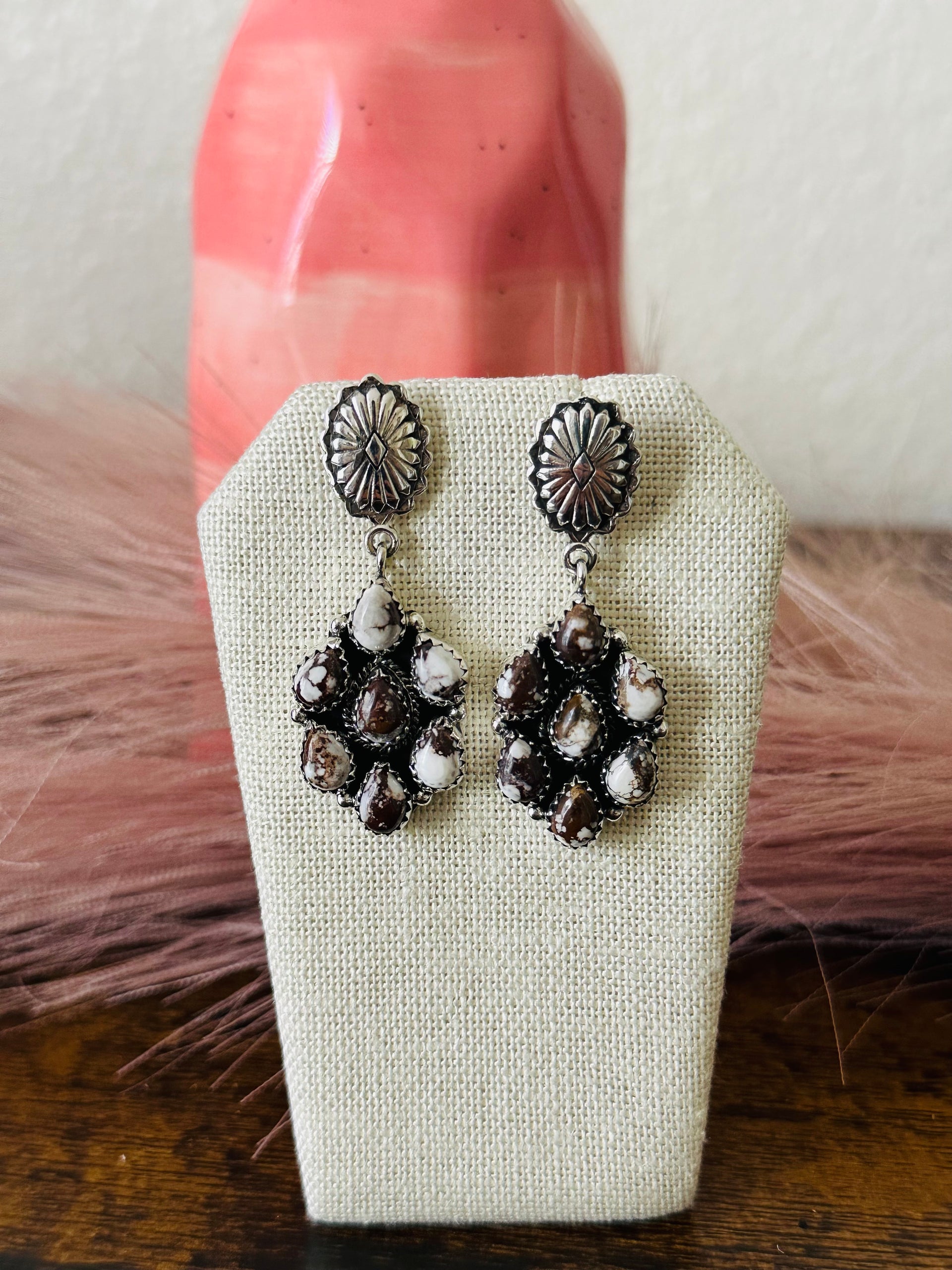Southwest Handmade Wild Horse & Sterling Silver Post Dangle Earrings