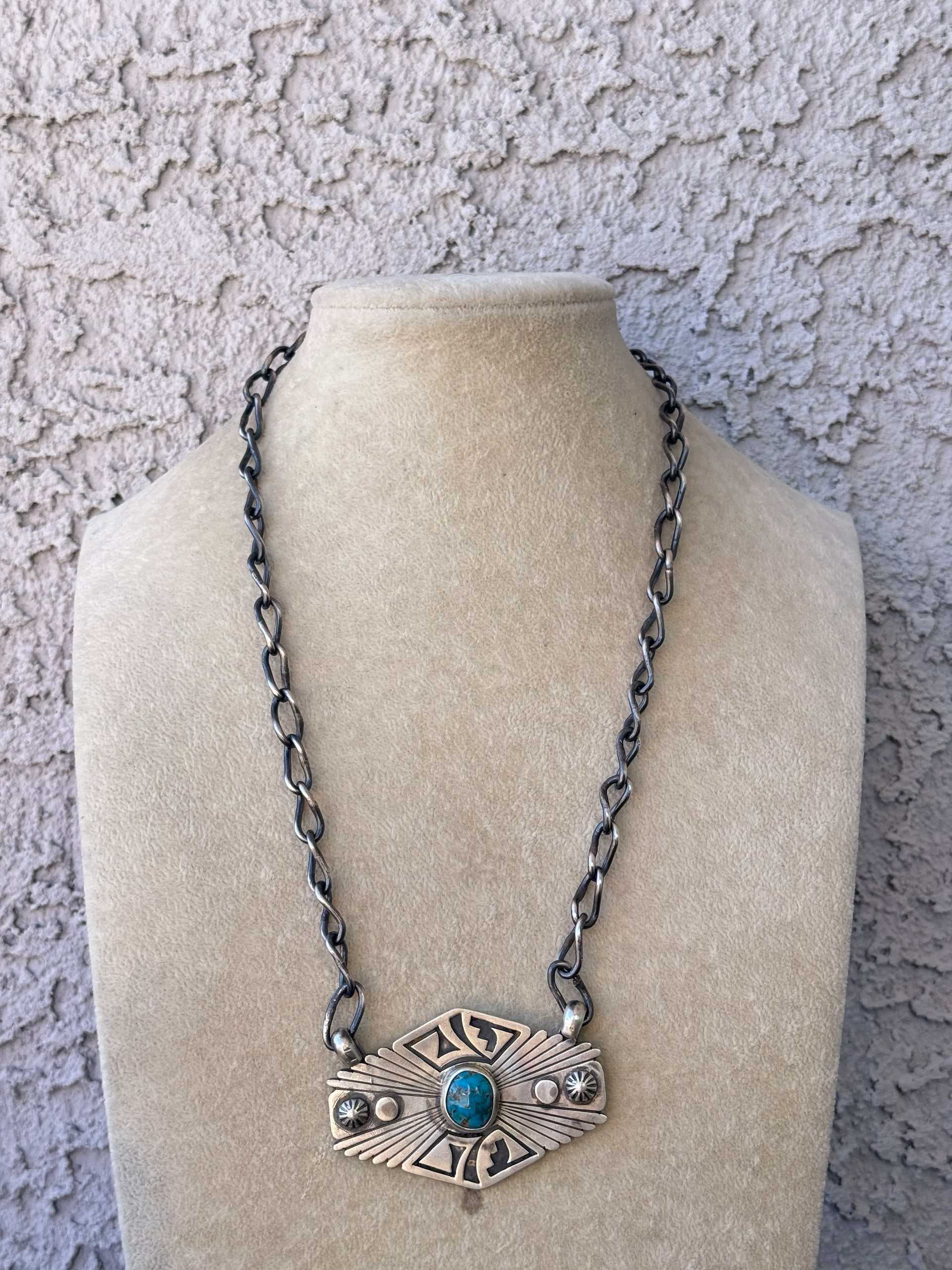 Navajo Made Kingman Turquoise & Sterling Silver Necklace
