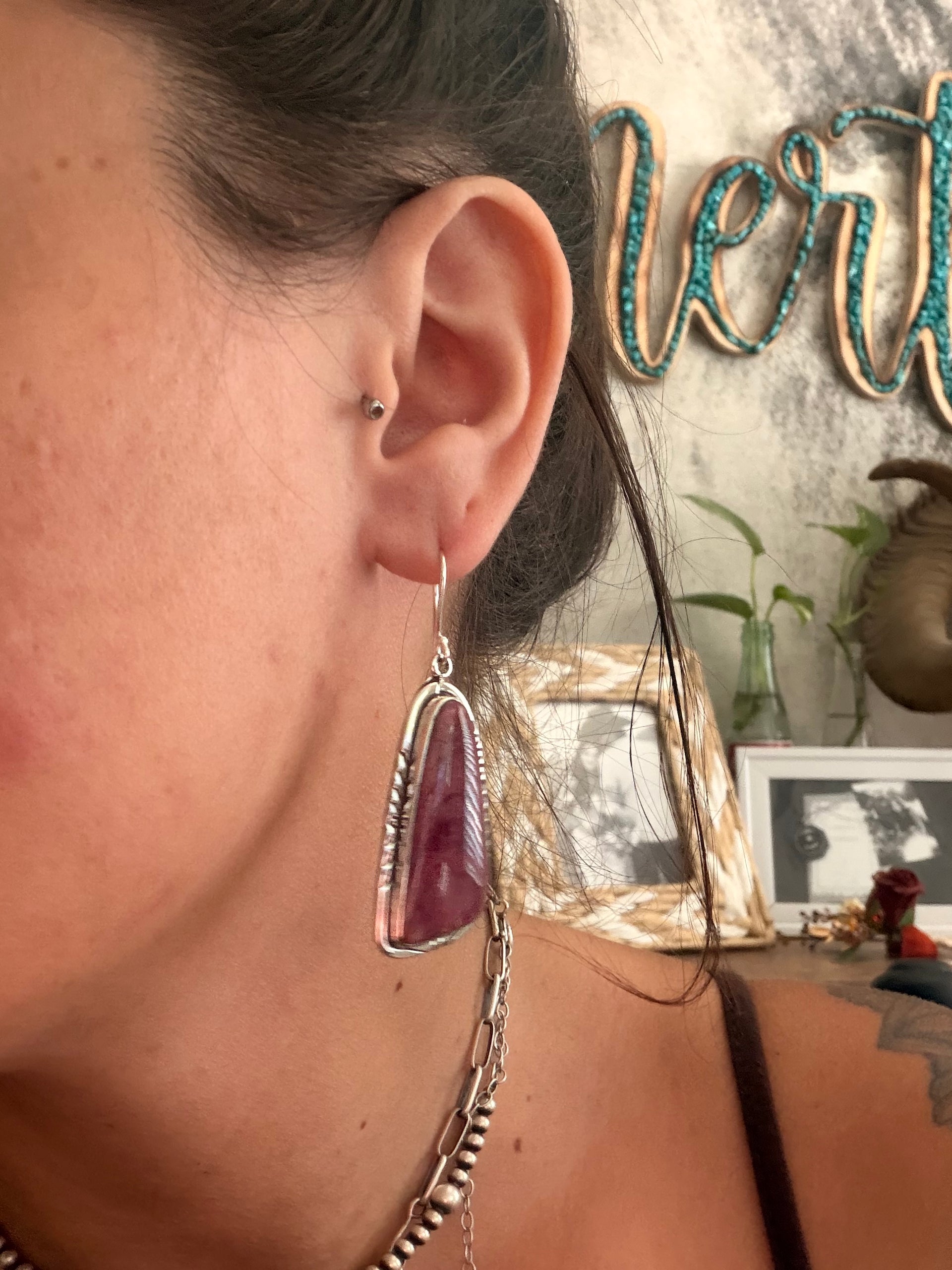 Navajo Made Purple Spiny Oyster & Sterling Silver Dangle Earrings