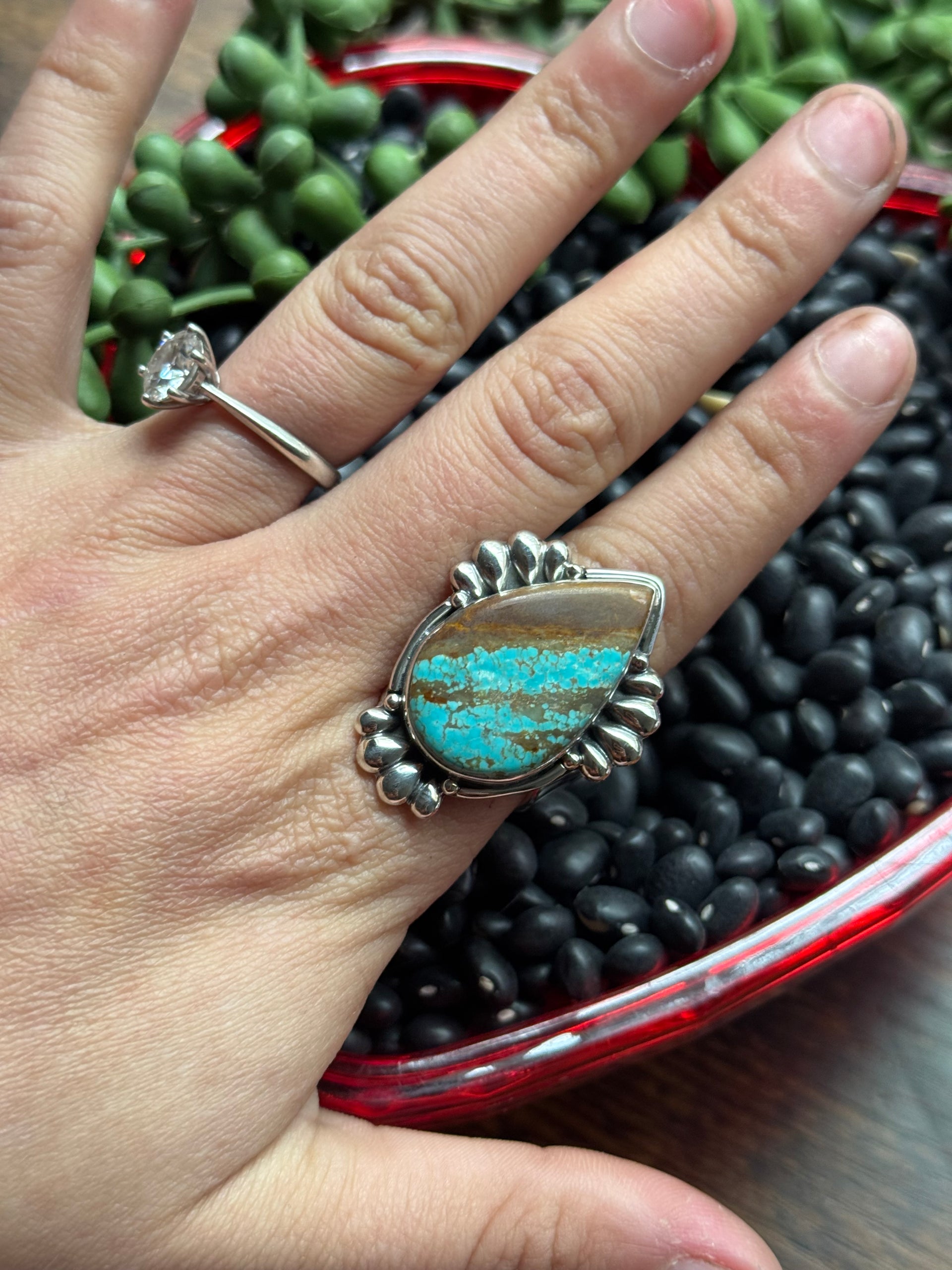 Southwest Handmade #8 Turquoise & Sterling Silver Adjustable Ring