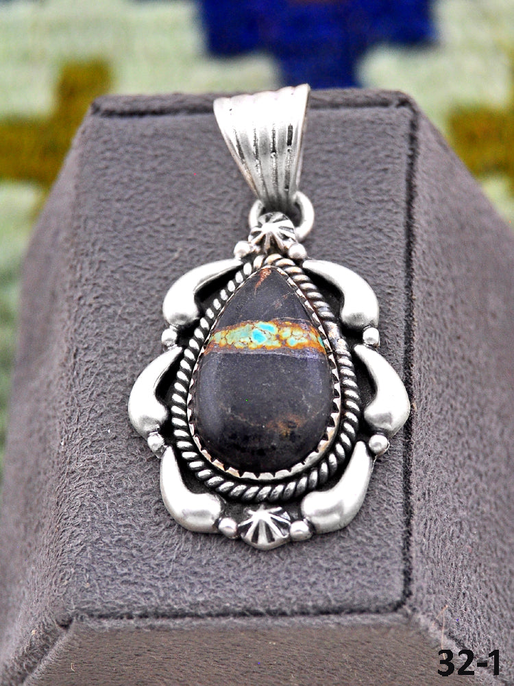Southwest Made Black Jack Turquoise & Sterling Silver Pendant