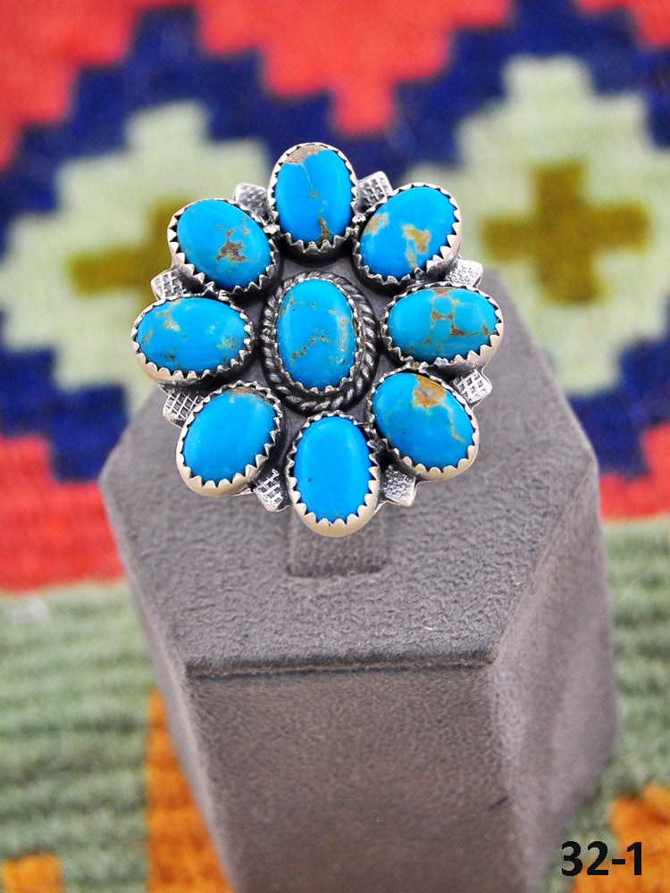 Southwest Handmade Kingman Turquoise & Sterling Silver Adjustable cluster Ring