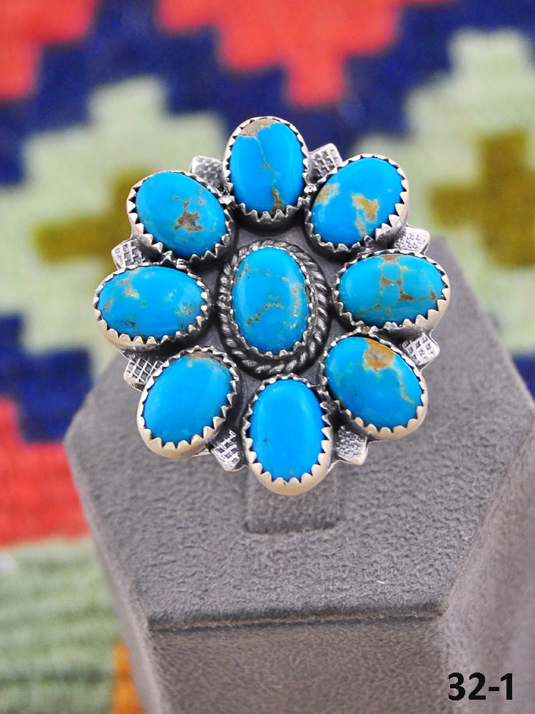 Southwest Handmade Kingman Turquoise & Sterling Silver Adjustable cluster Ring