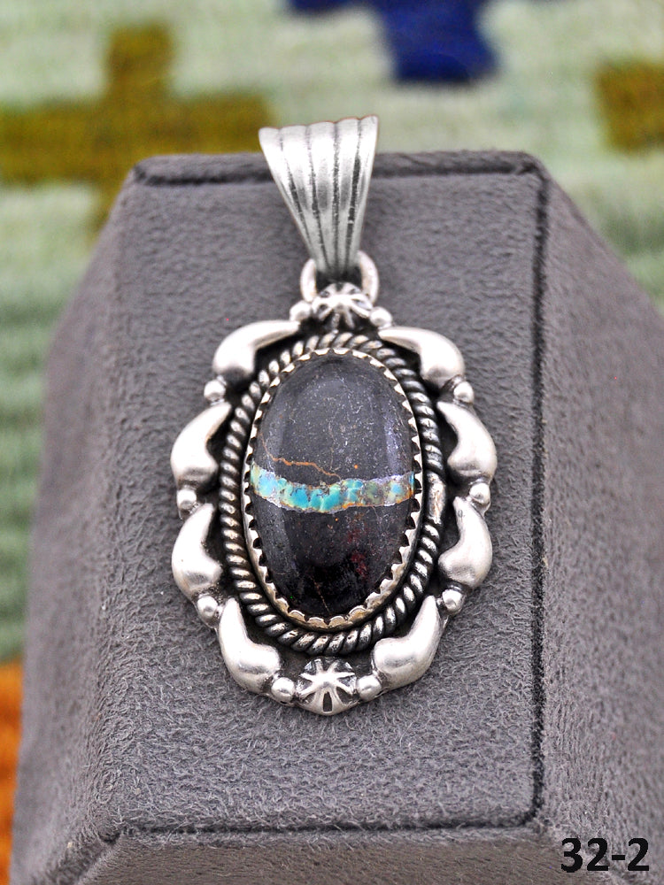 Southwest Made Black Jack Turquoise & Sterling Silver Pendant