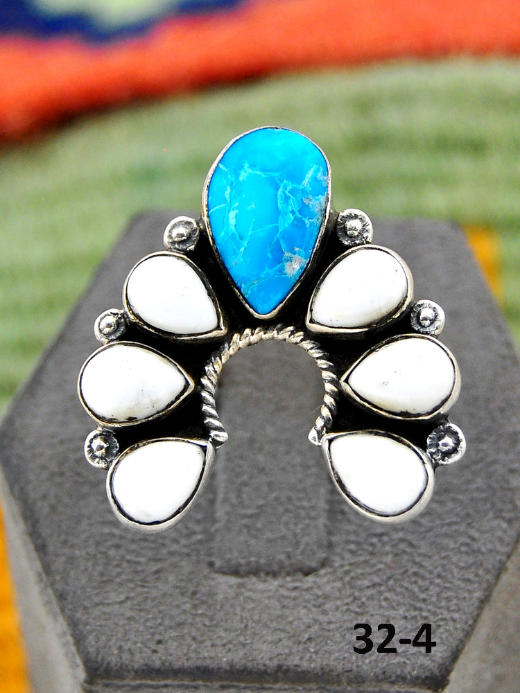 Southwest Handmade Sierra Bella Turquoise with White Buffalo & Sterling Silver Adjustable Ring