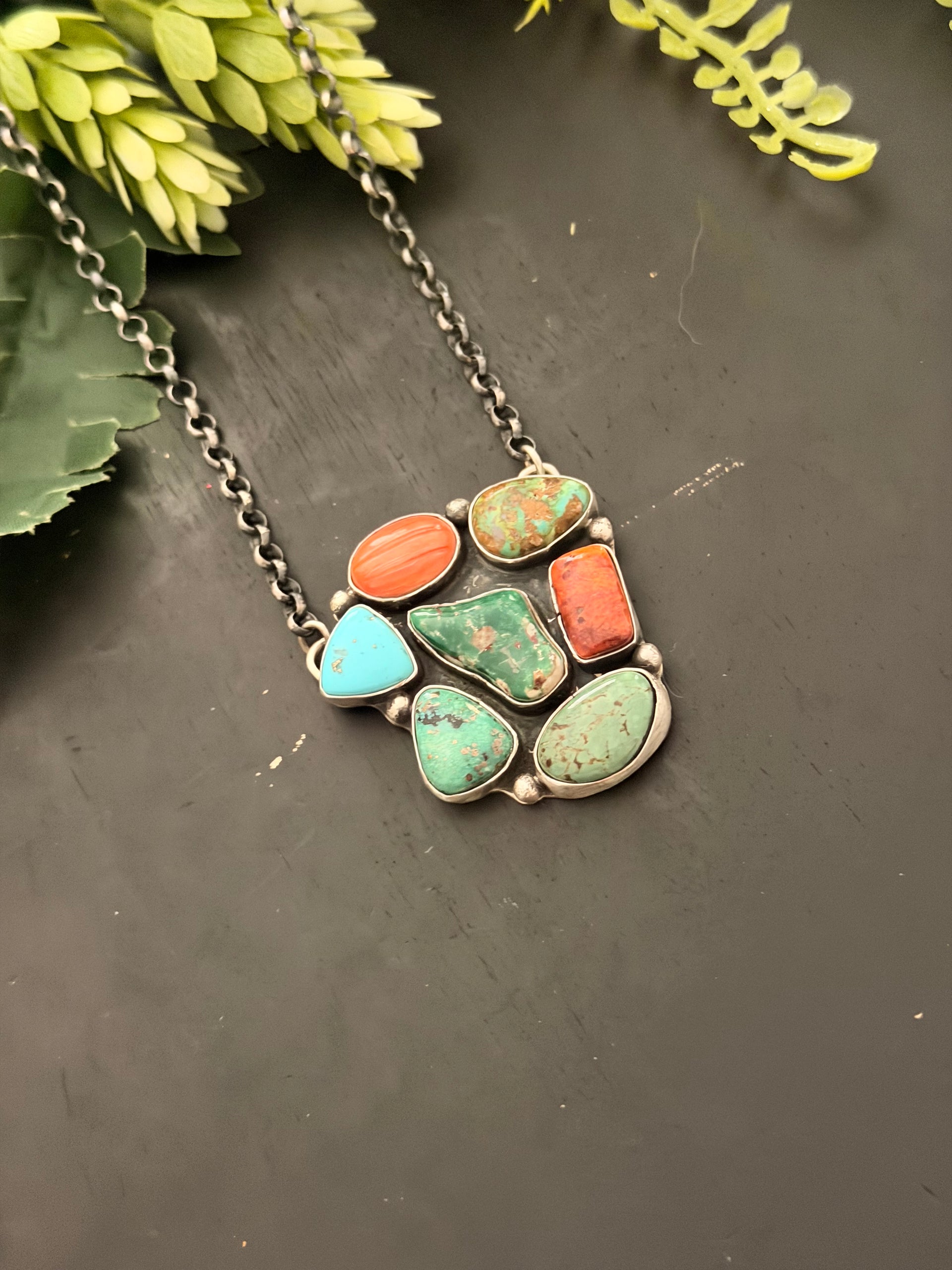 Navajo Made Multi Stone & Sterling Silver Cluster Necklace
