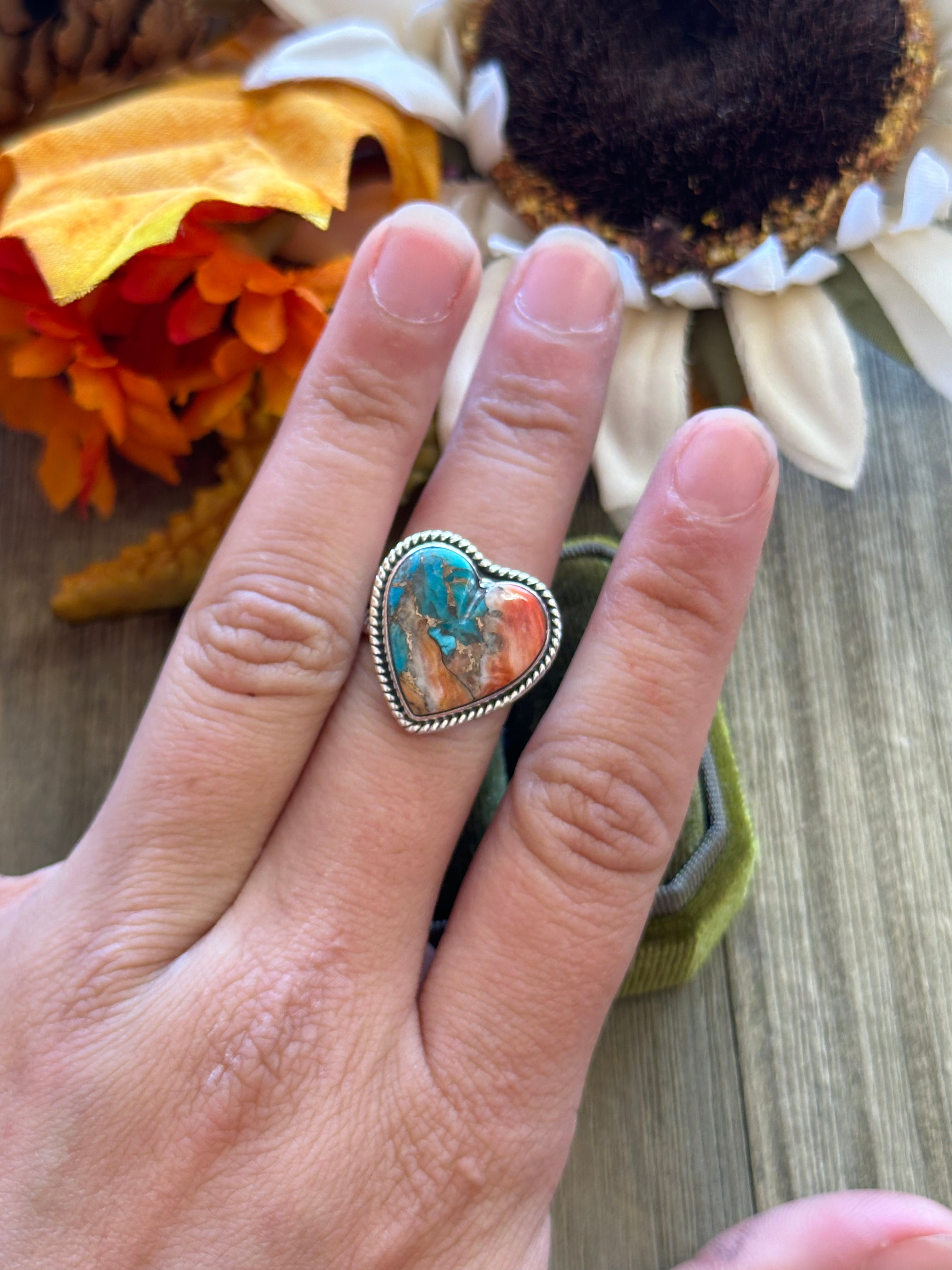 Southwest Handmade Mohave Turquoise & Sterling Silver Adjustable Heart Ring