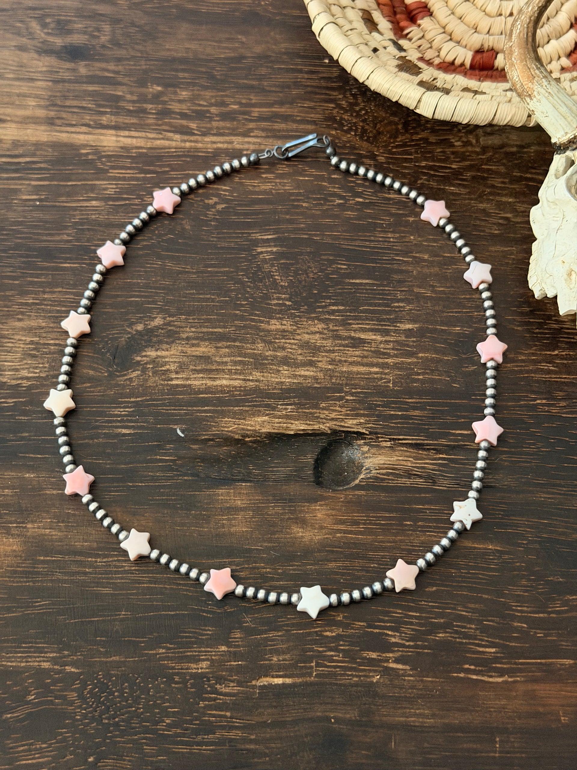 Navajo Strung Pink Conch & Sterling Silver Star Necklace