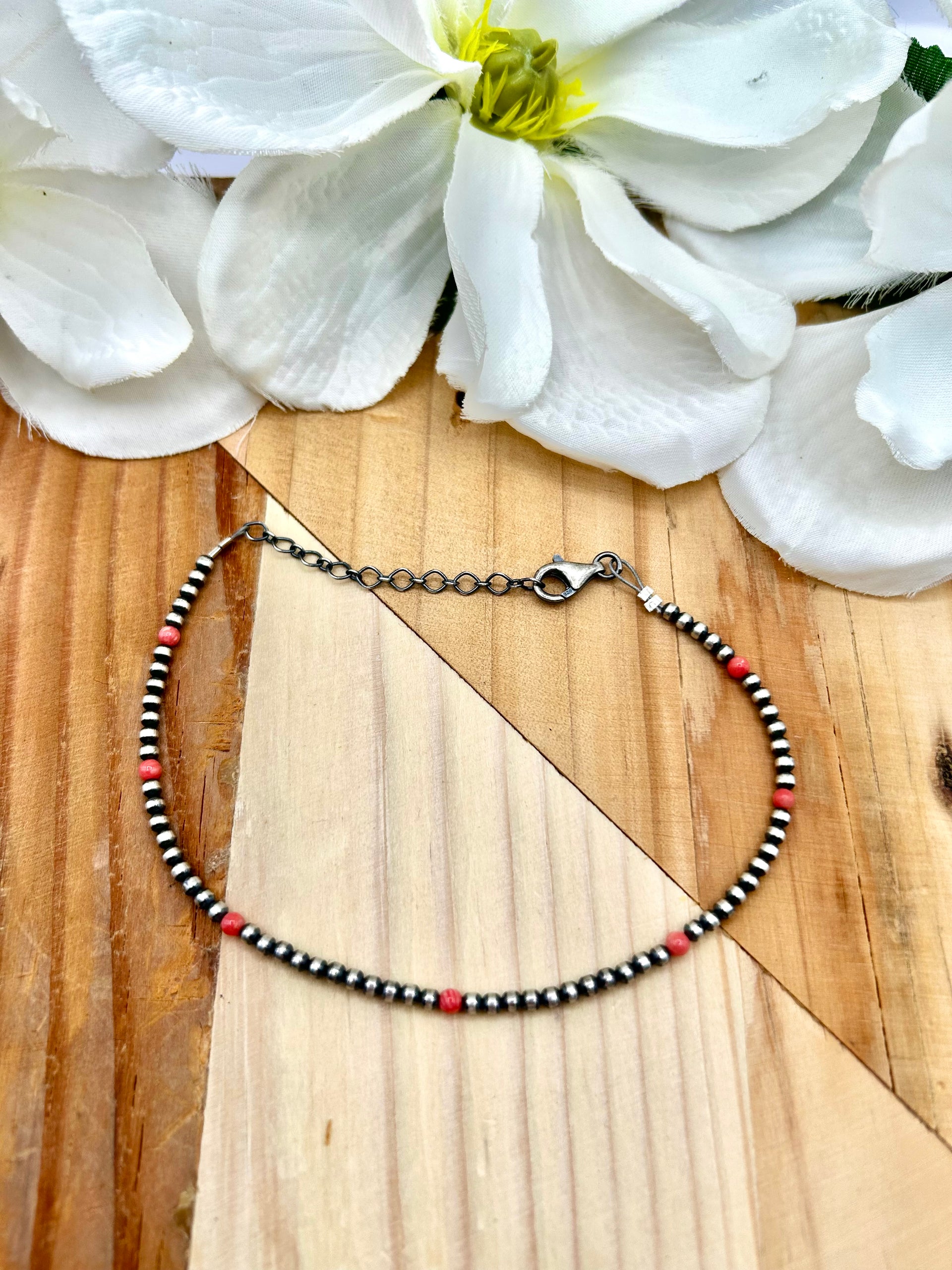 Navajo Made Pink Opal & Sterling Silver Strung Anklet