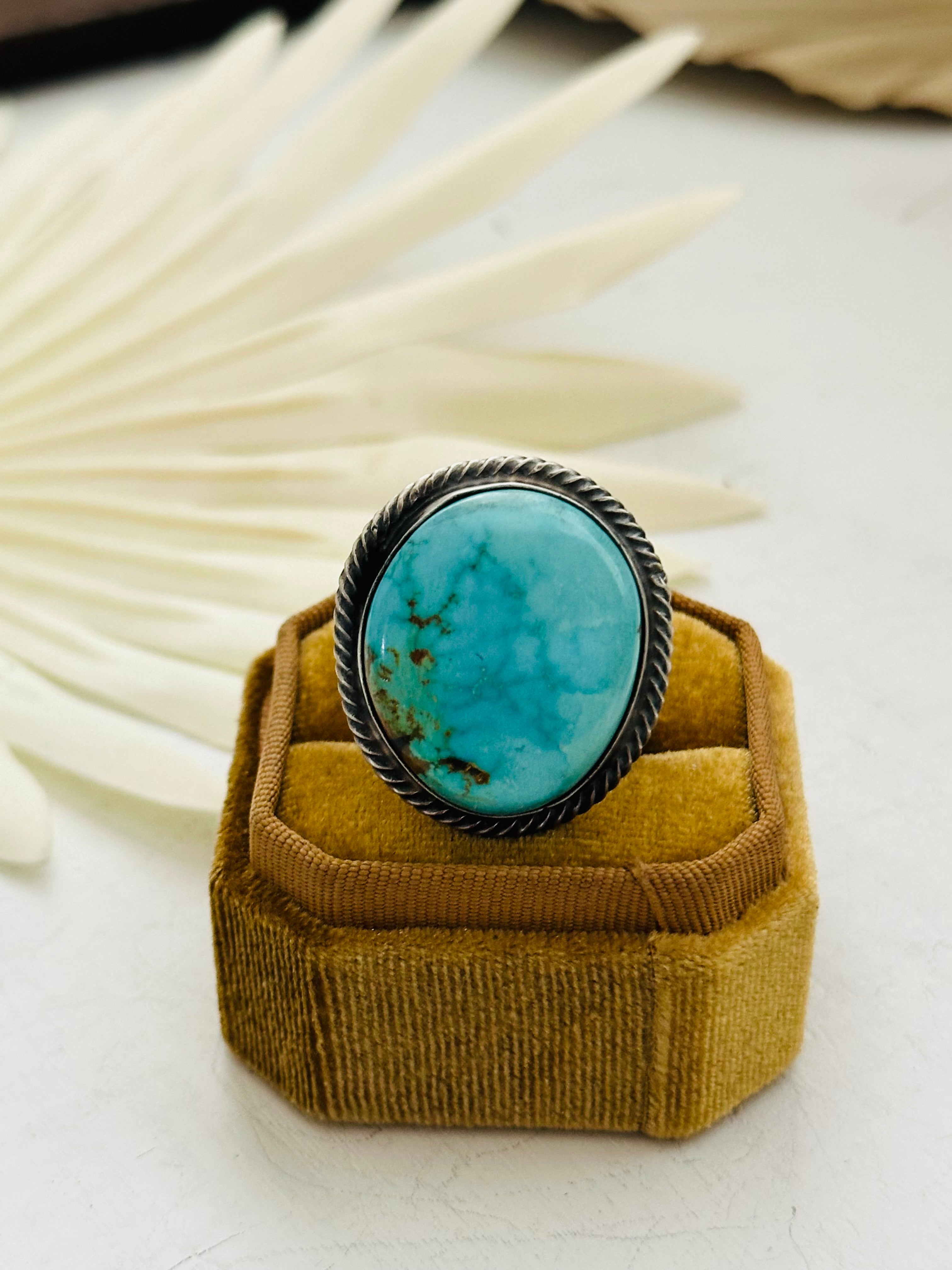 Navajo Made Sonoran Mountain Turquoise & Sterling Silver Ring Size 7.5