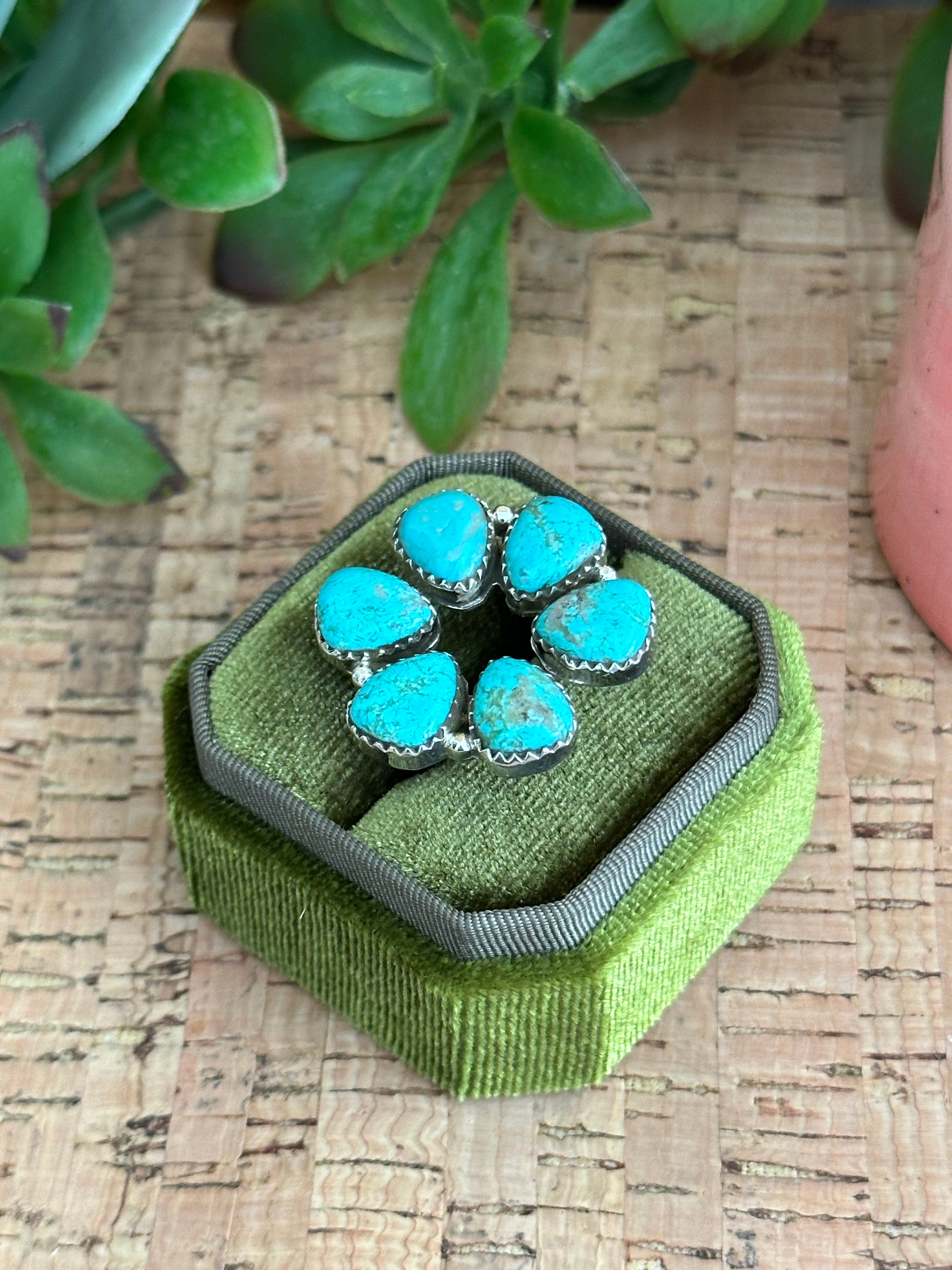 Southwest Handmade Kingman Turquoise & Sterling Silver Adjustable Cluster Ring