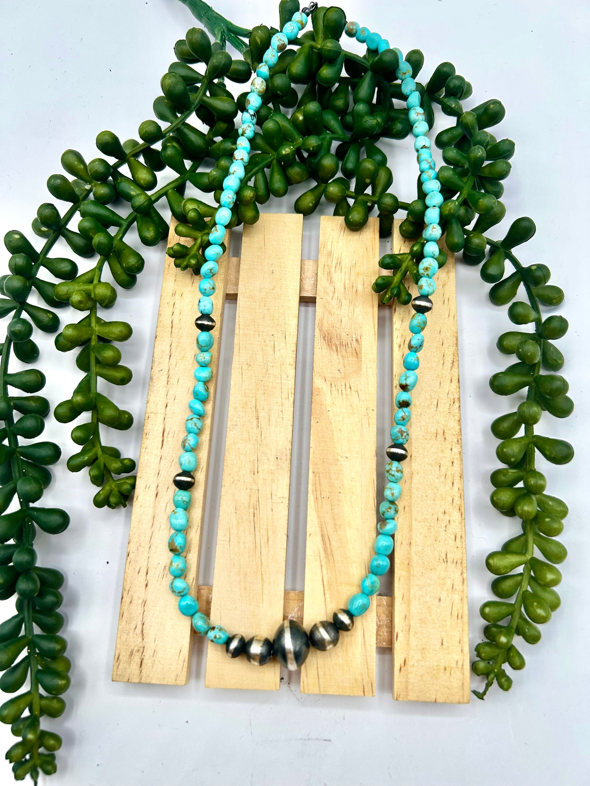 Navajo Made Strung Kingman Turquoise & Sterling Silver Necklace