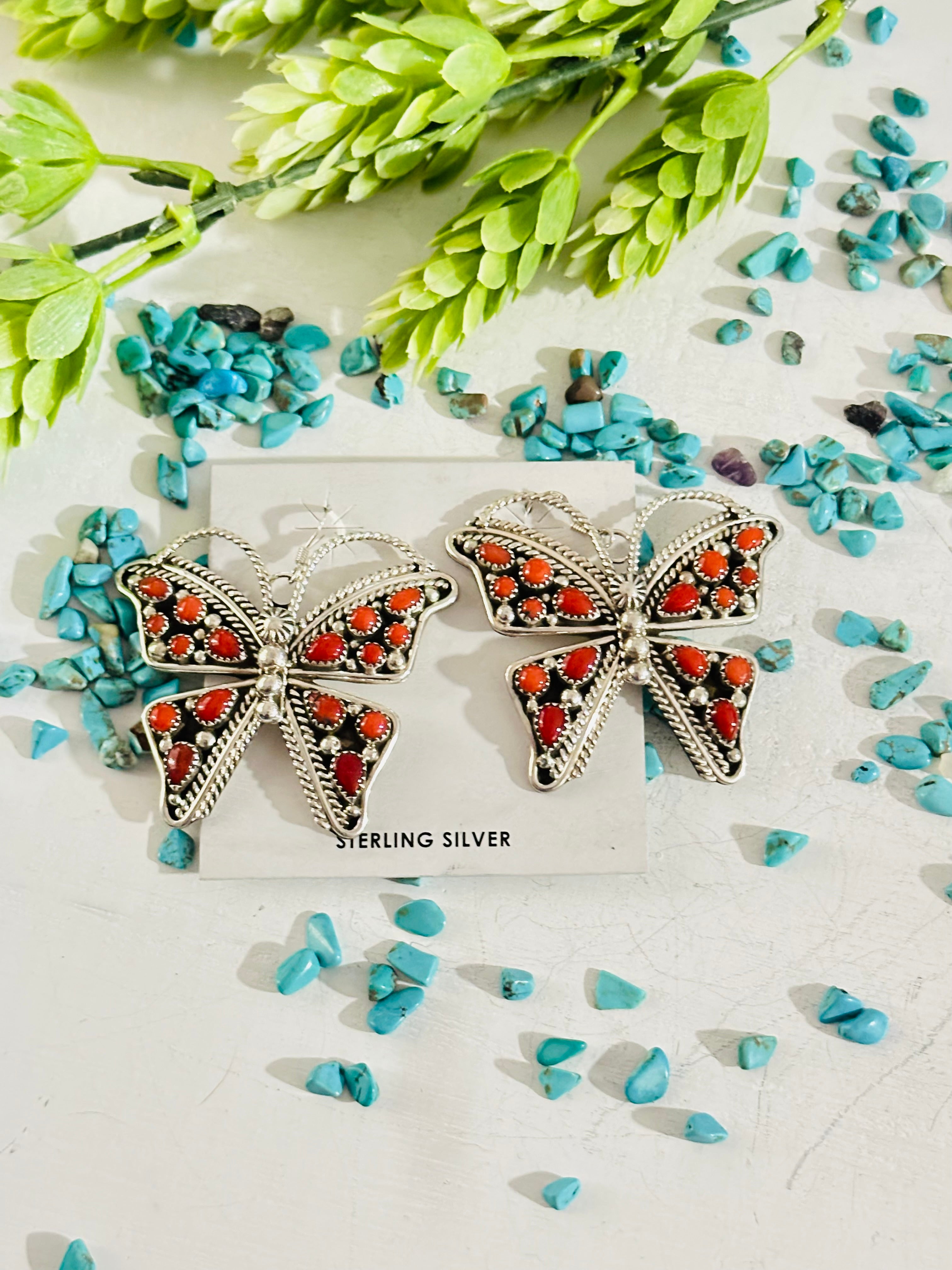 Navajo Made Coral & Sterling Silver Butterfly Dangle Earrings