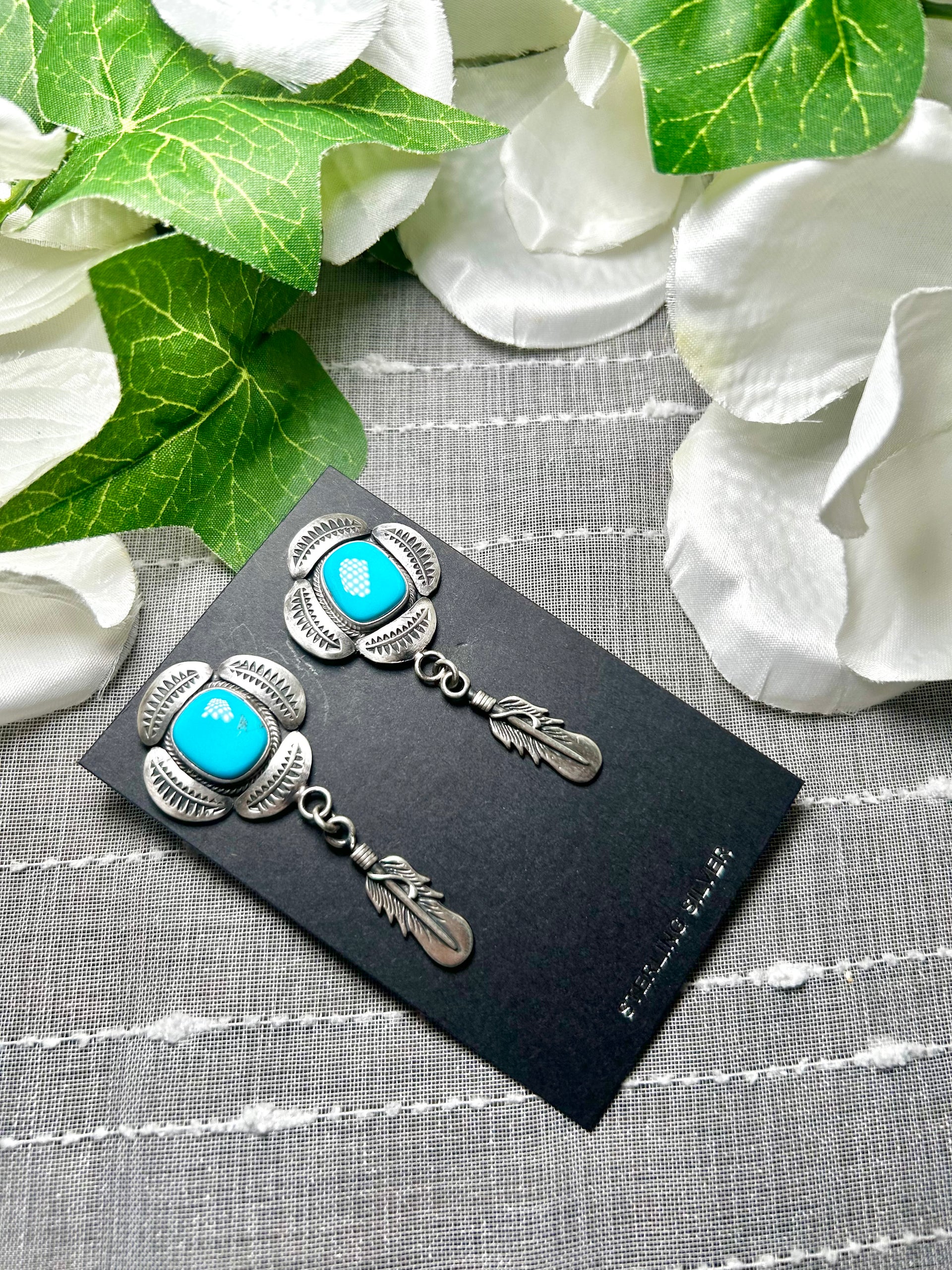 Navajo Made Egyptian Turquoise & Sterling Silver Post Dangle Earrings