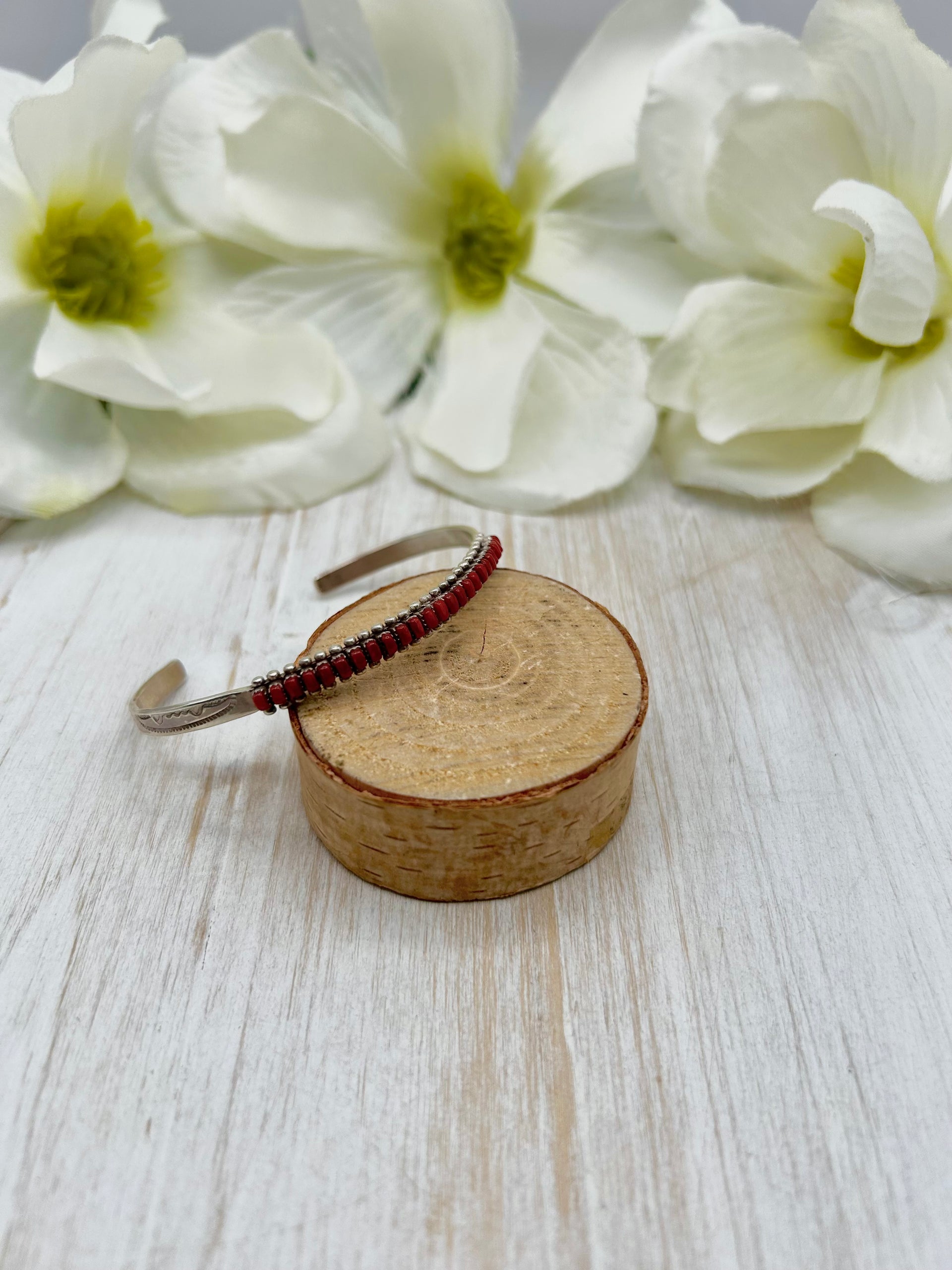 Navajo Made Red Coral & Sterling Silver Cuff Bracelet
